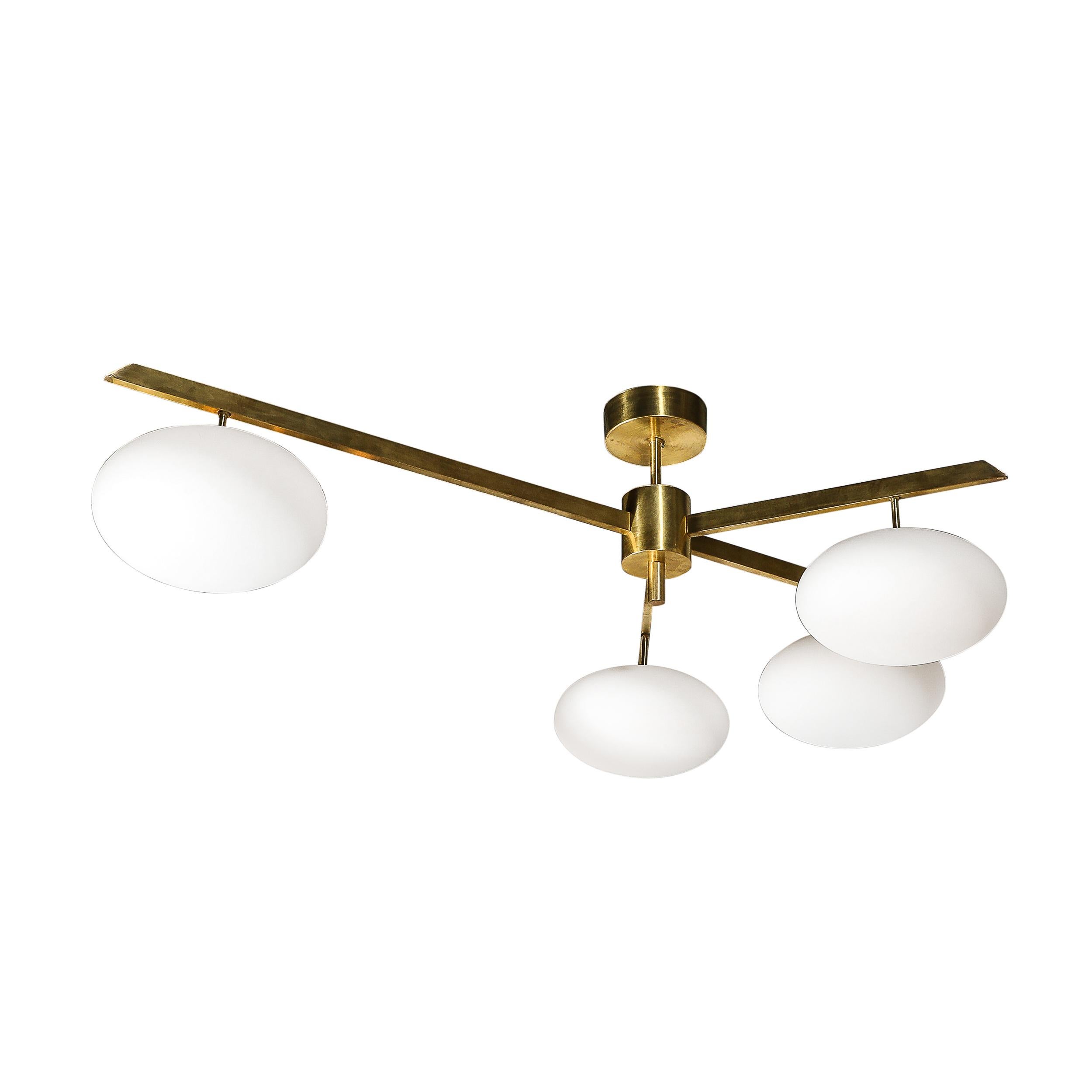 This stunning Modernist Asymmetrical Brushed Brass & Frosted Glass Four-Arm Globe Chandelier in the Manner of Arredoluce originates from Italy during the 21st Century. Features rounded hand-blown Murano Glass frosted shades which beautifully exert