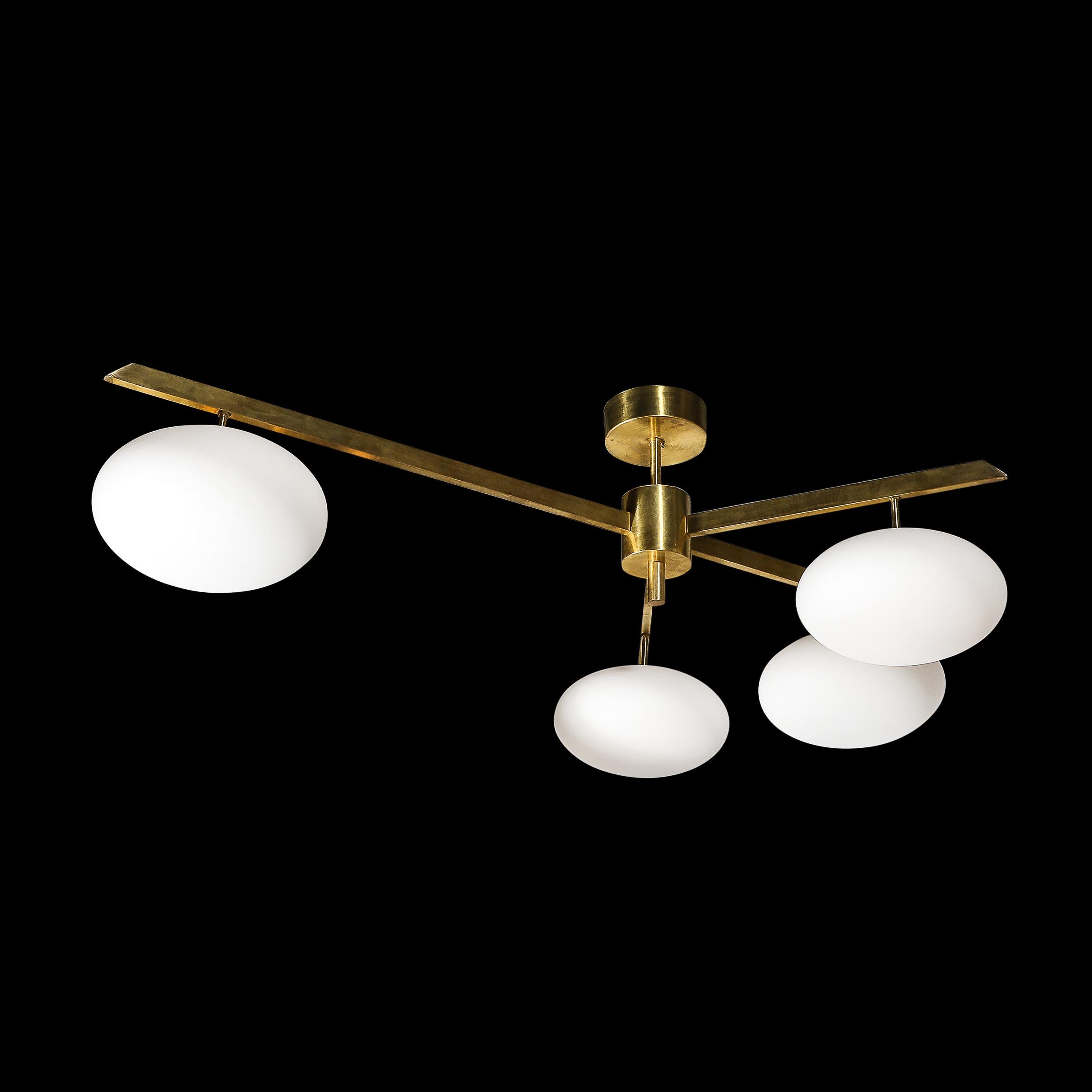 Italian Modernist Asymmetrical Brushed Brass & Frosted Glass Four-Arm Globe Chandelier For Sale