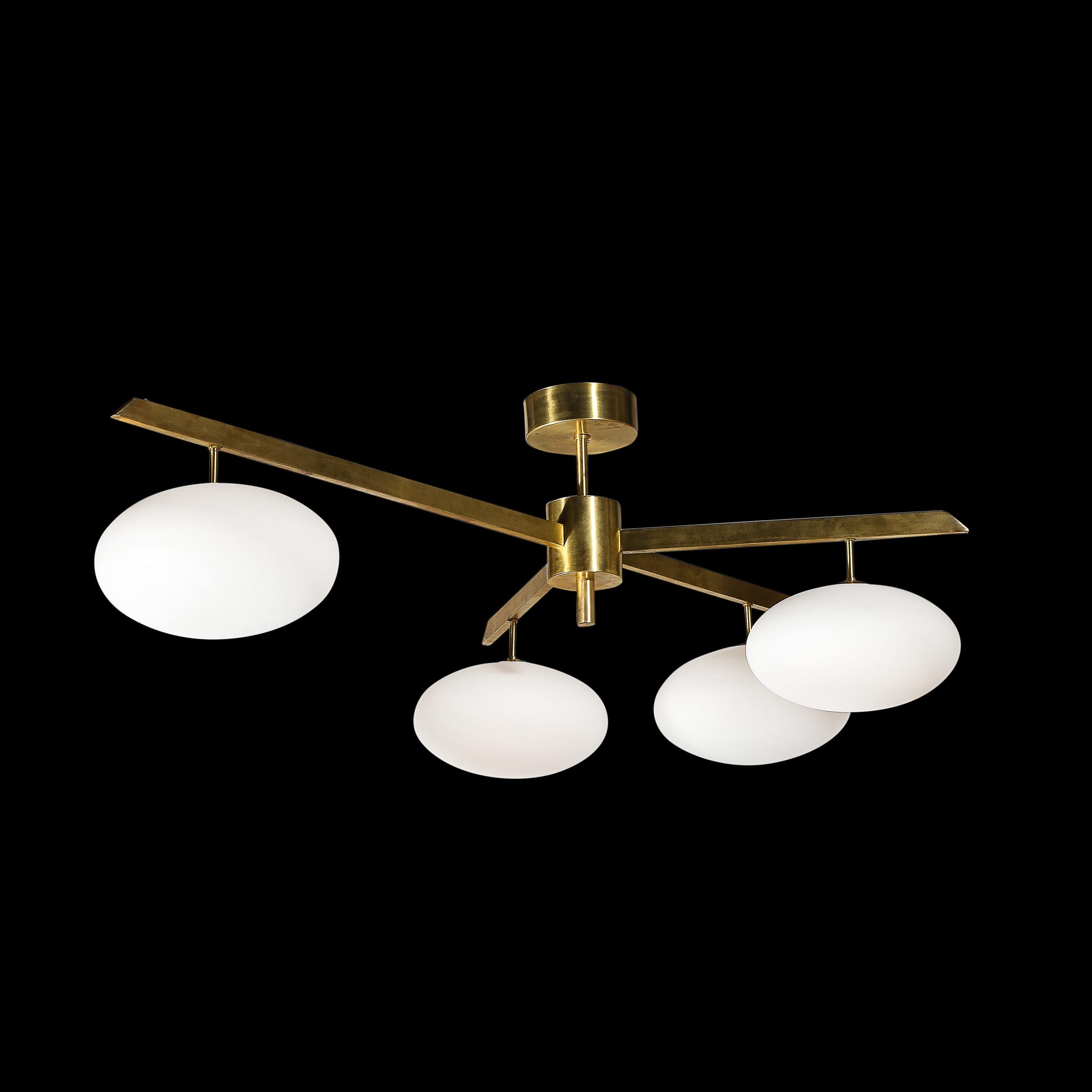 Modernist Asymmetrical Brushed Brass & Frosted Glass Four-Arm Globe Chandelier In New Condition For Sale In New York, NY