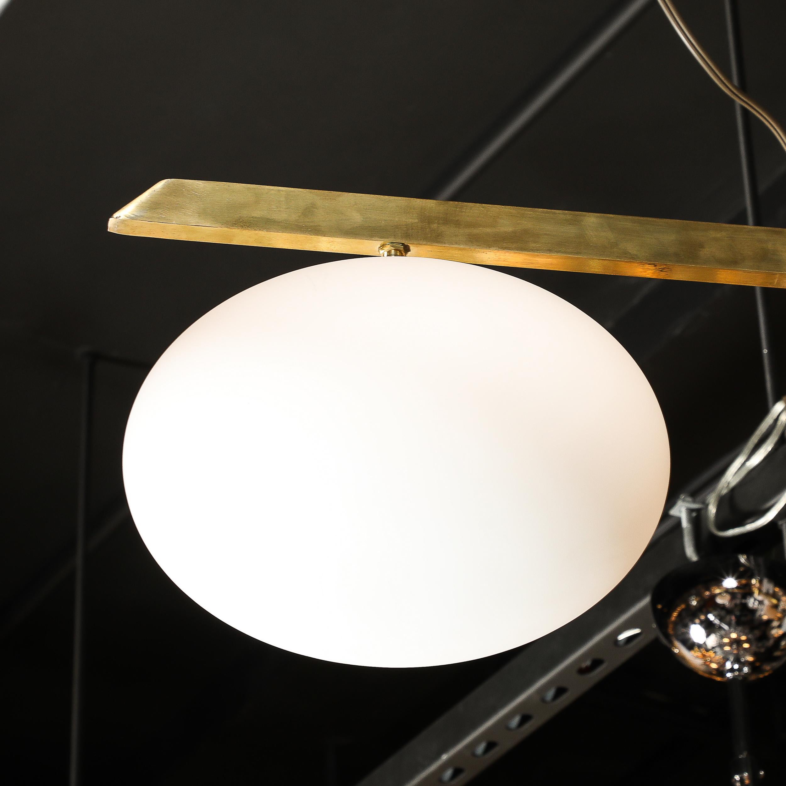 Contemporary Modernist Asymmetrical Brushed Brass & Frosted Glass Four-Arm Globe Chandelier For Sale