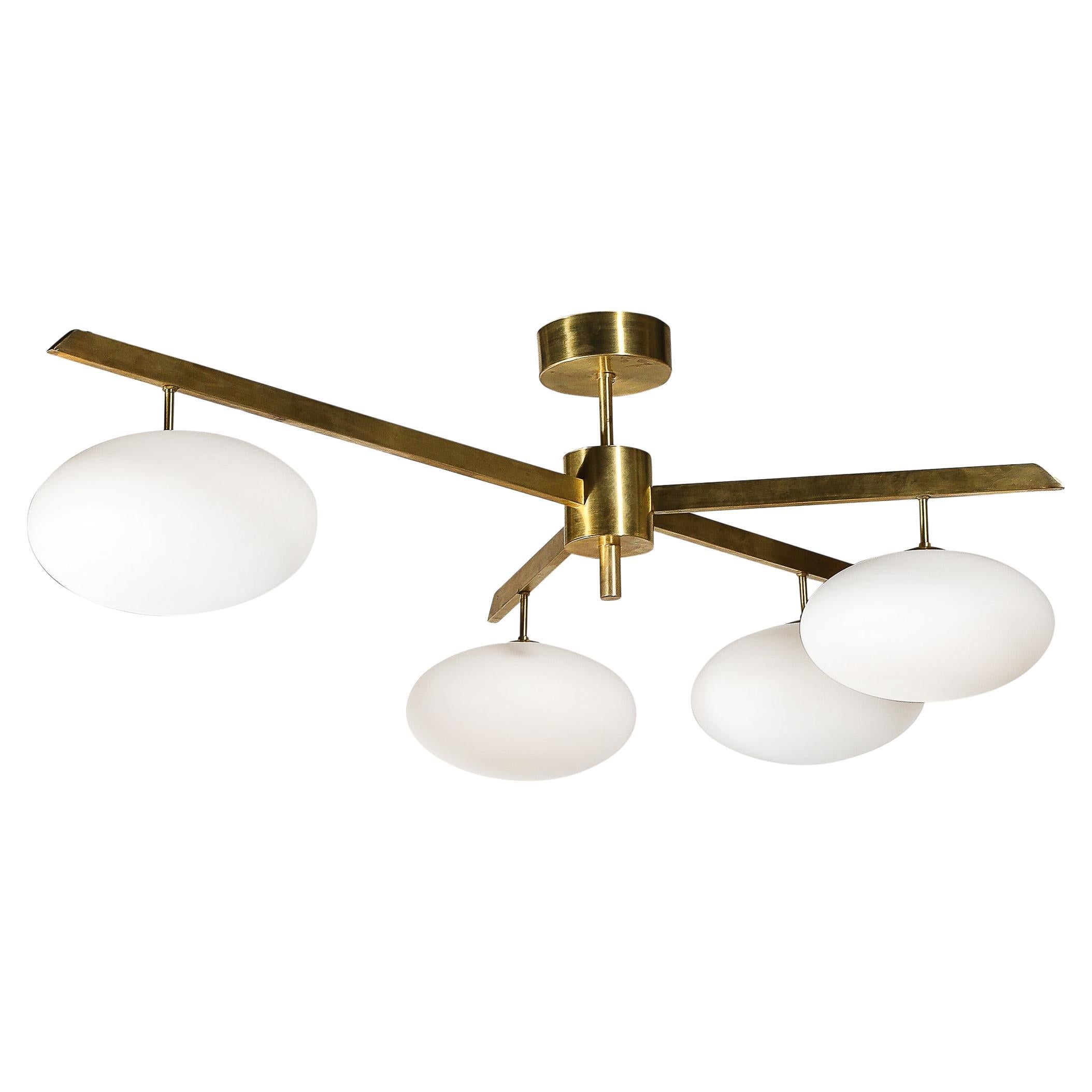 Modernist Asymmetrical Brushed Brass & Frosted Glass Four-Arm Globe Chandelier For Sale