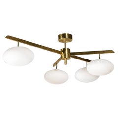 Modernist Asymmetrical Brushed Brass & Frosted Glass Four-Arm Globe Chandelier