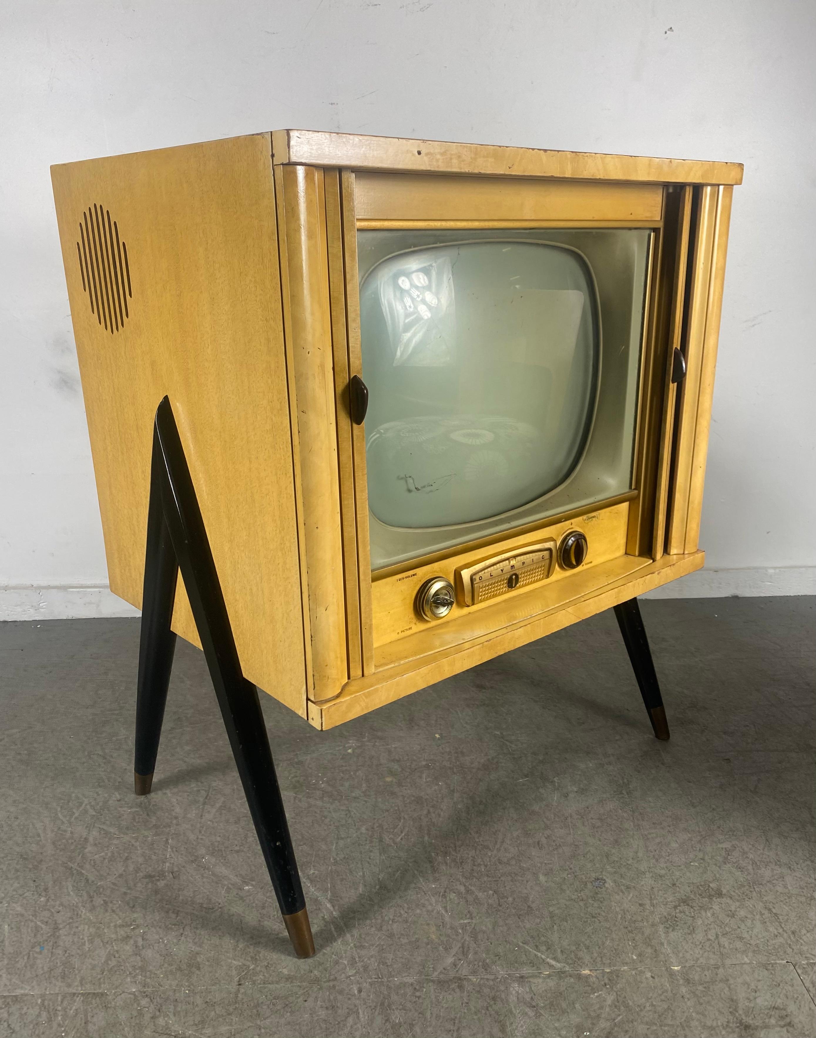 Laqué Télévision atomique moderniste des années 1950 par Olymp, portes tambour 