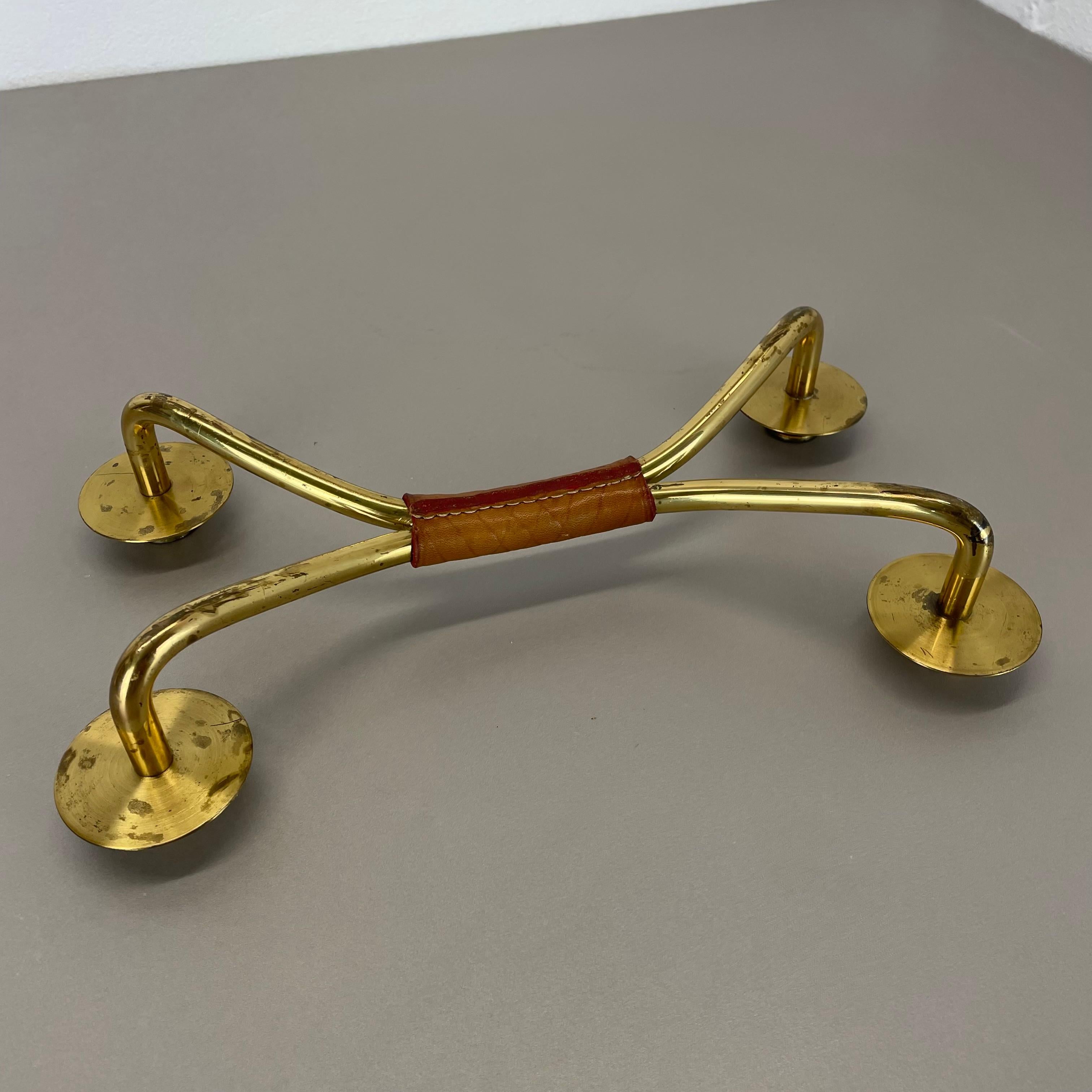 Modernist Auböck Style Brutalist brass and leather Candleholder, Austria 1950s For Sale 10