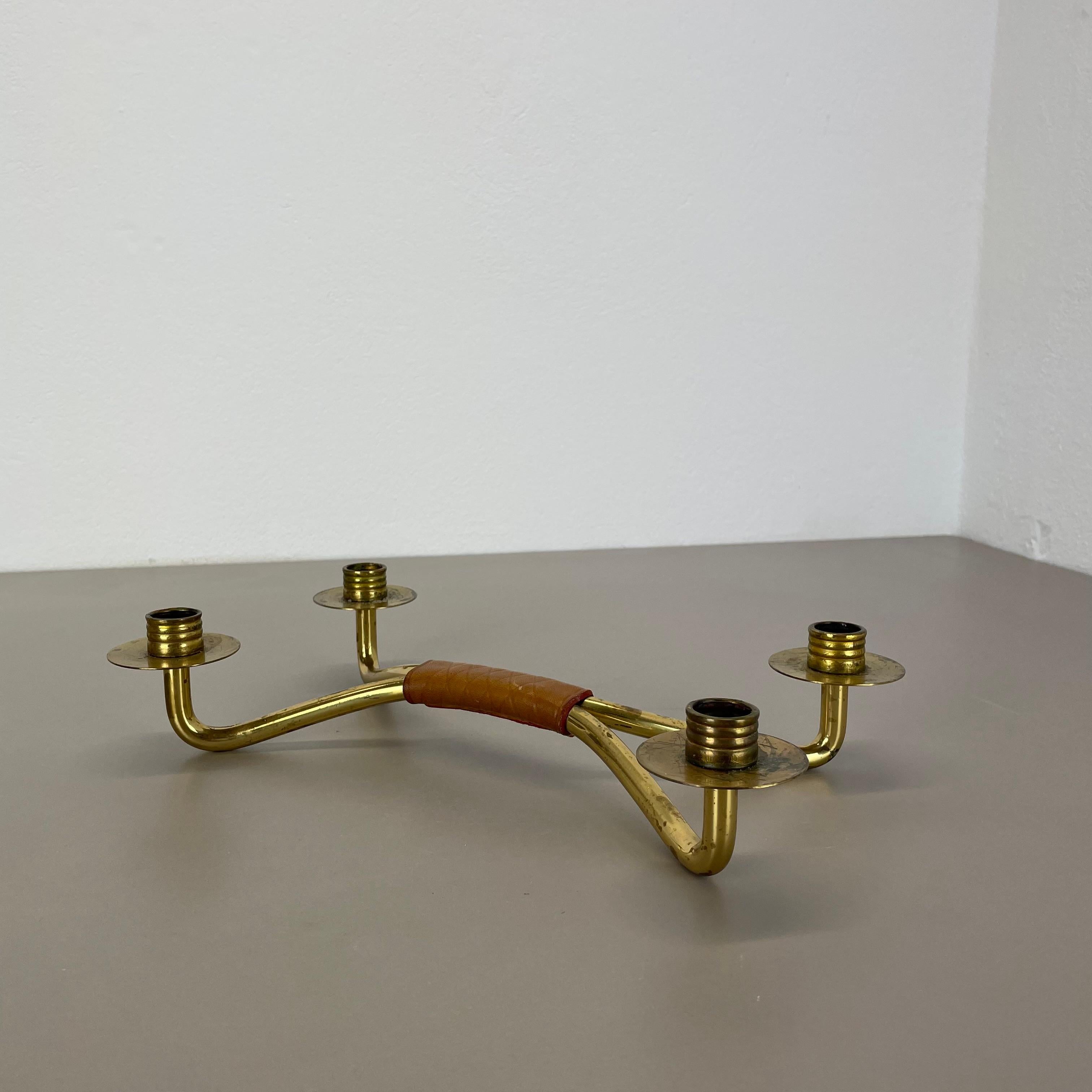 Scandinavian Modern Modernist Auböck Style Brutalist brass and leather Candleholder, Austria 1950s For Sale