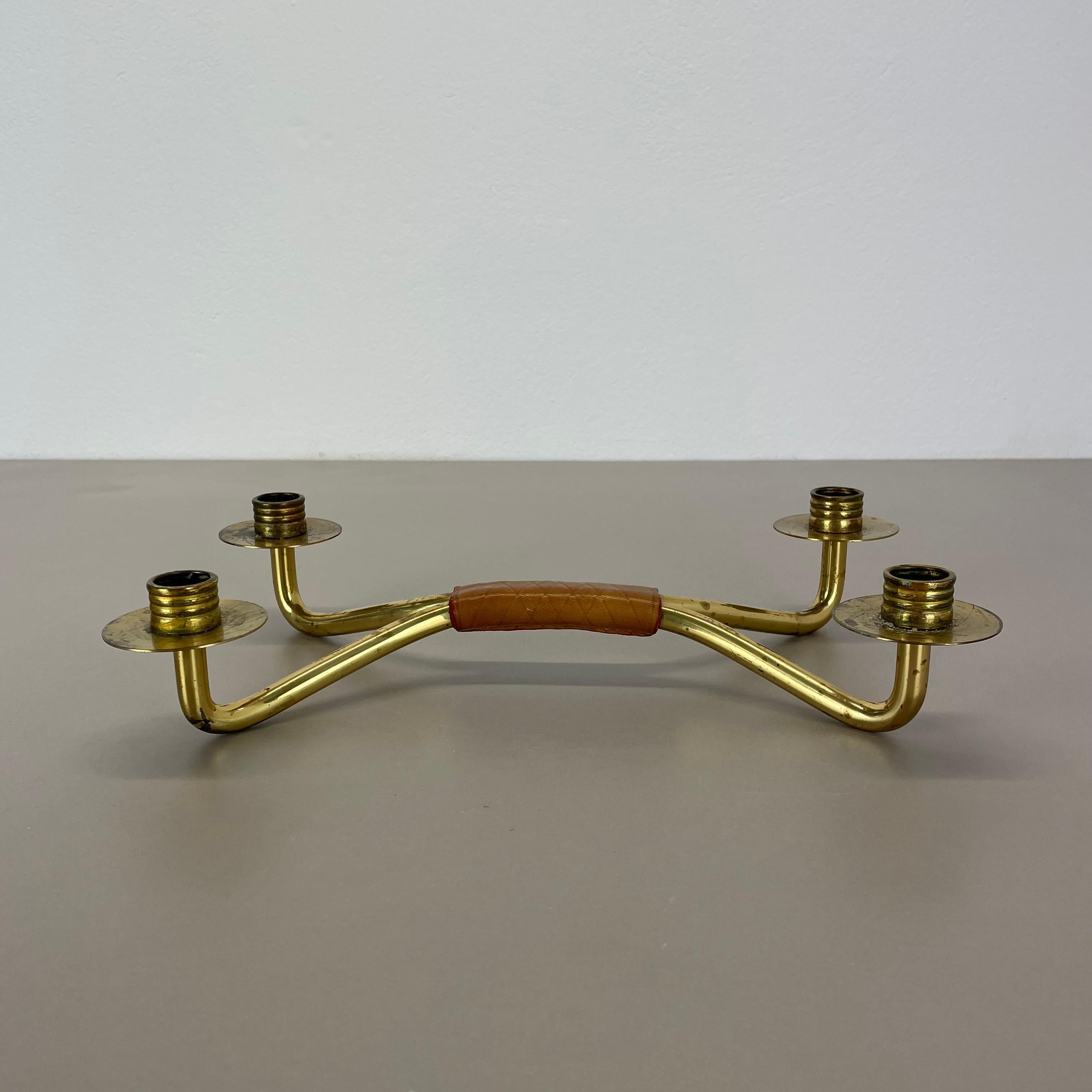 20th Century Modernist Auböck Style Brutalist brass and leather Candleholder, Austria 1950s For Sale