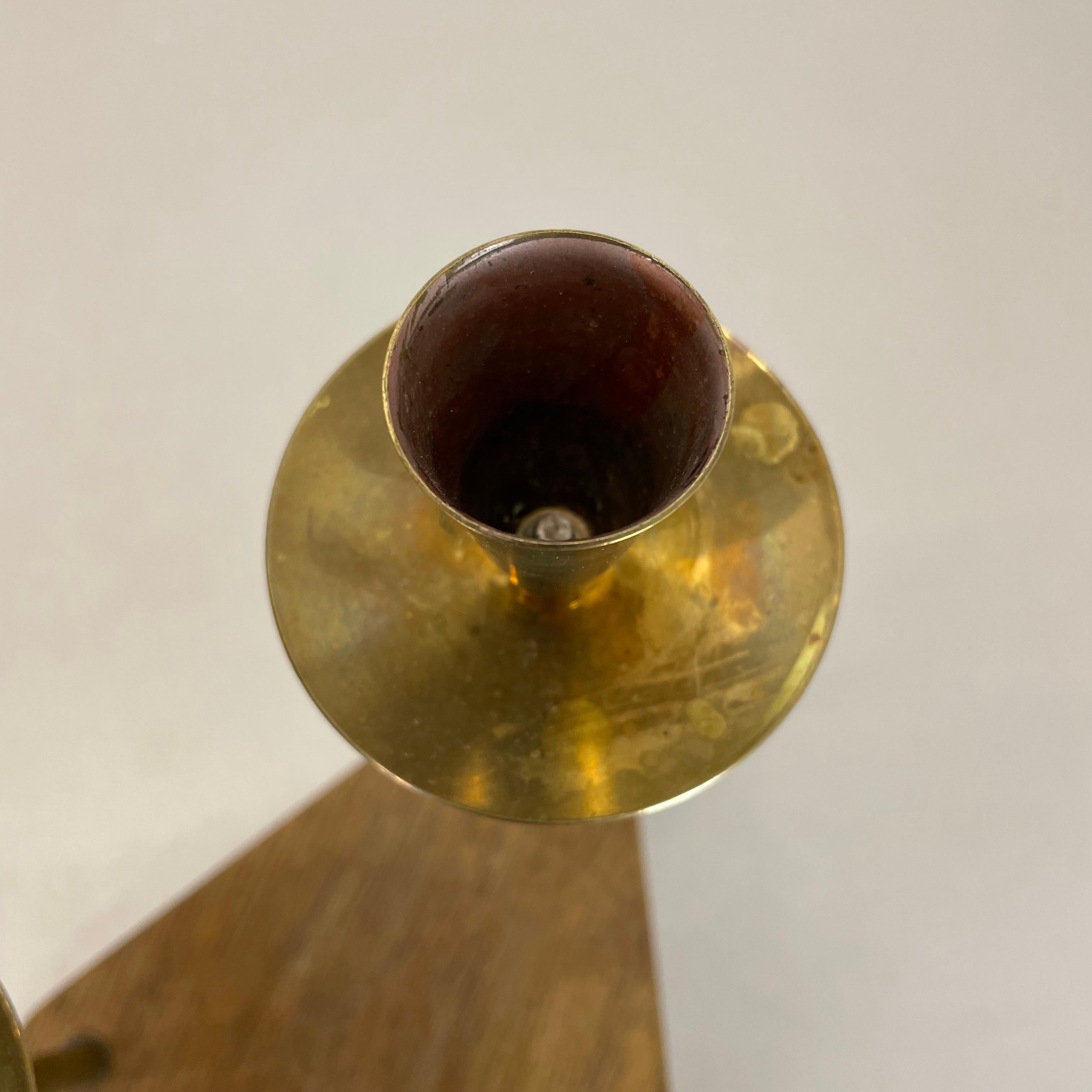 Modernist Auböck Style Brutalist brass and oak wood Candleholder, Austria 1950s 4