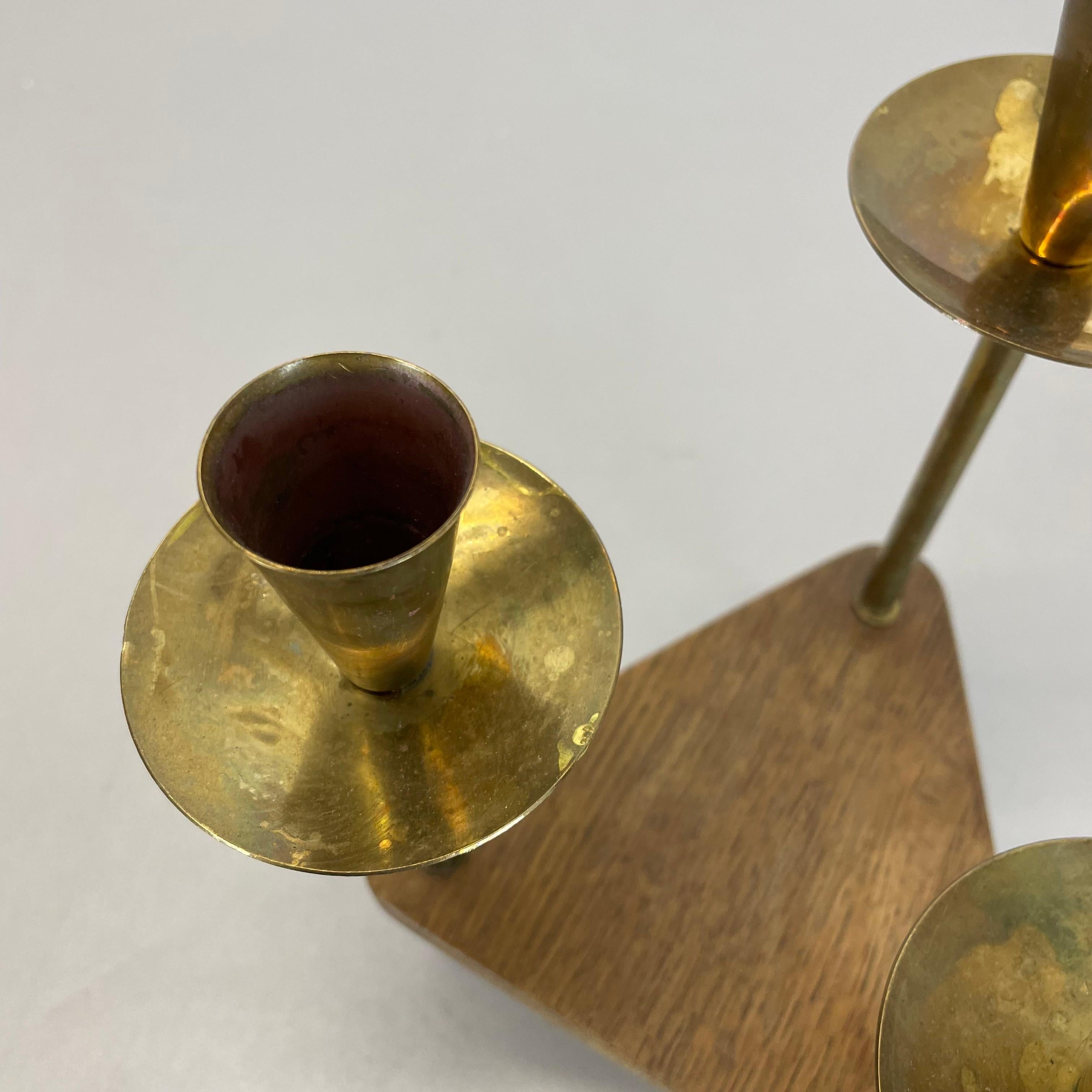 Modernist Auböck Style Brutalist brass and oak wood Candleholder, Austria 1950s 6