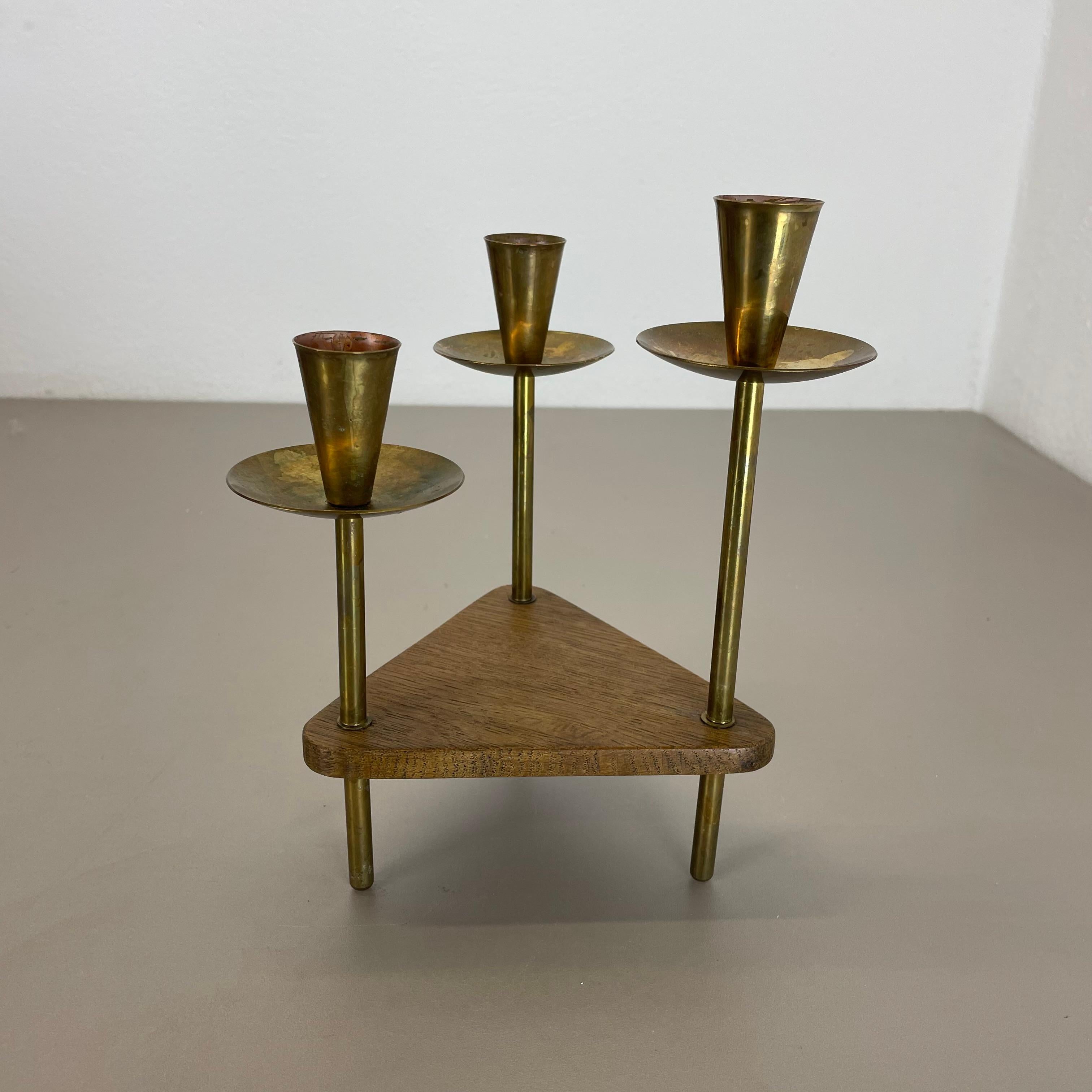 Modernist Auböck Style Brutalist brass and oak wood Candleholder, Austria 1950s 10