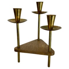 Vintage Modernist Auböck Style Brutalist brass and oak wood Candleholder, Austria 1950s