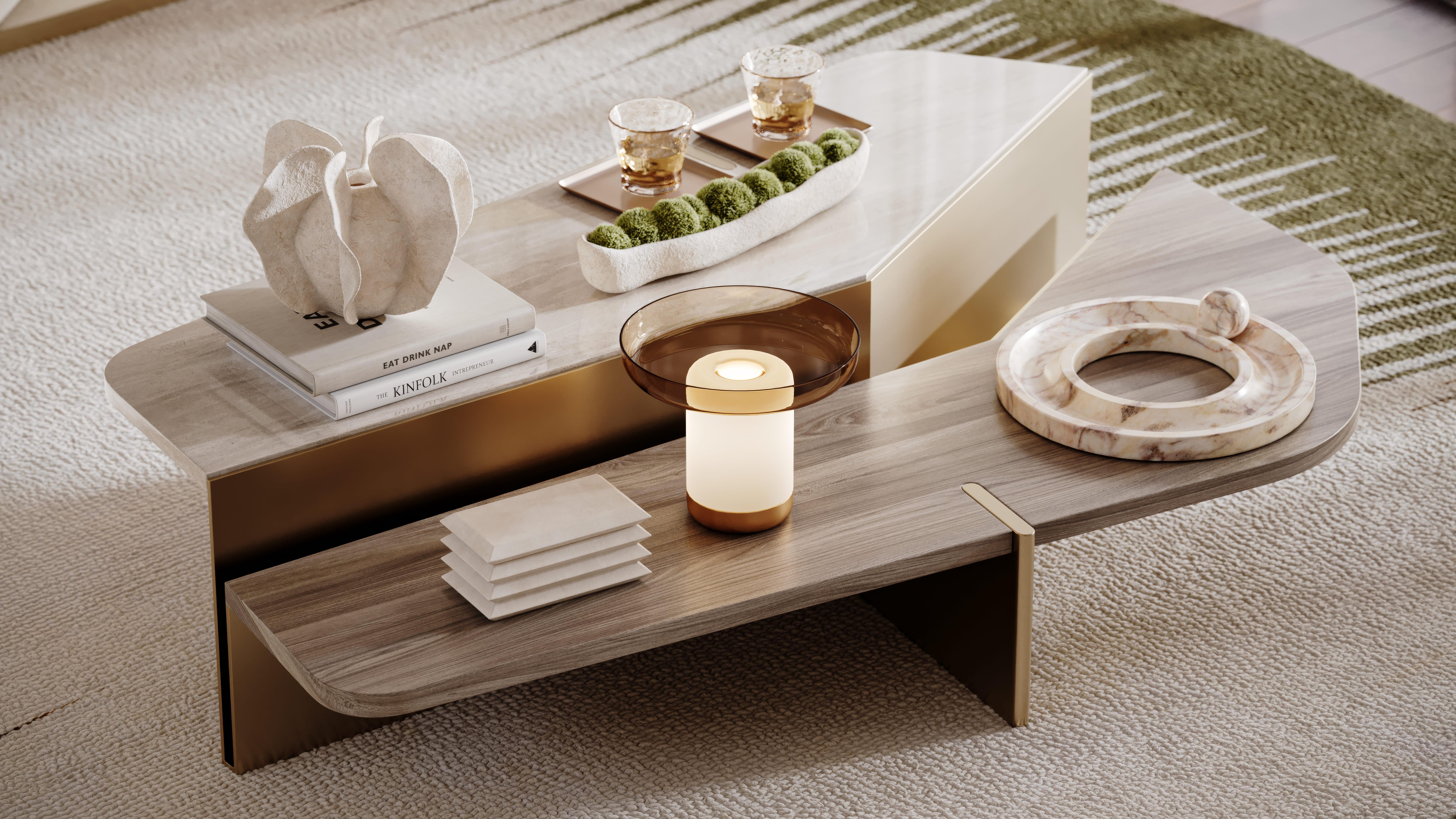Modernist Aurora Coffee Table in Wooden, Metal and Marble Moderno orgánico en venta