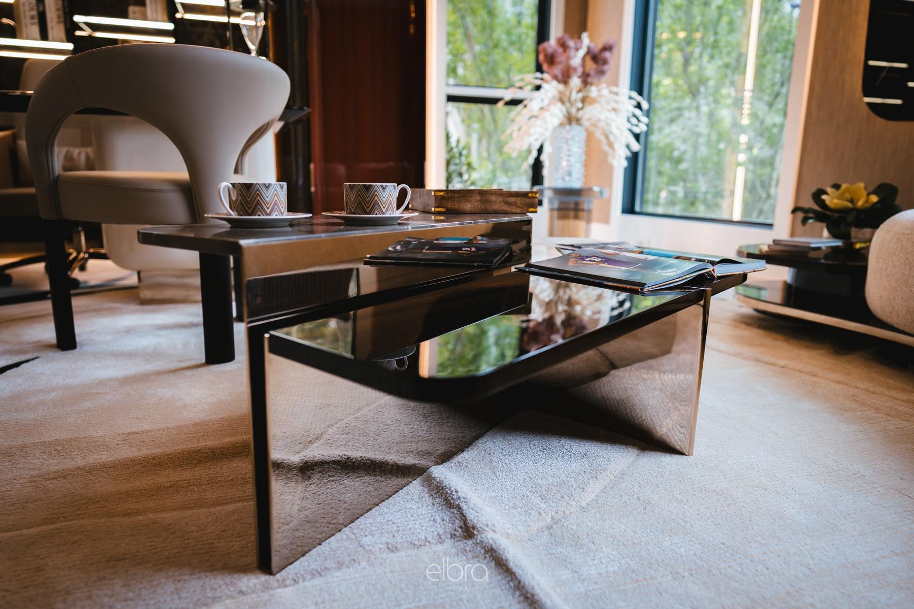 Contemporary Modernist Aurora Coffee Table in Wooden, Metal and Marble For Sale