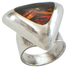 Modernist Baltic Amber & Sterling Silver Ring, Poland, Circa 1990's