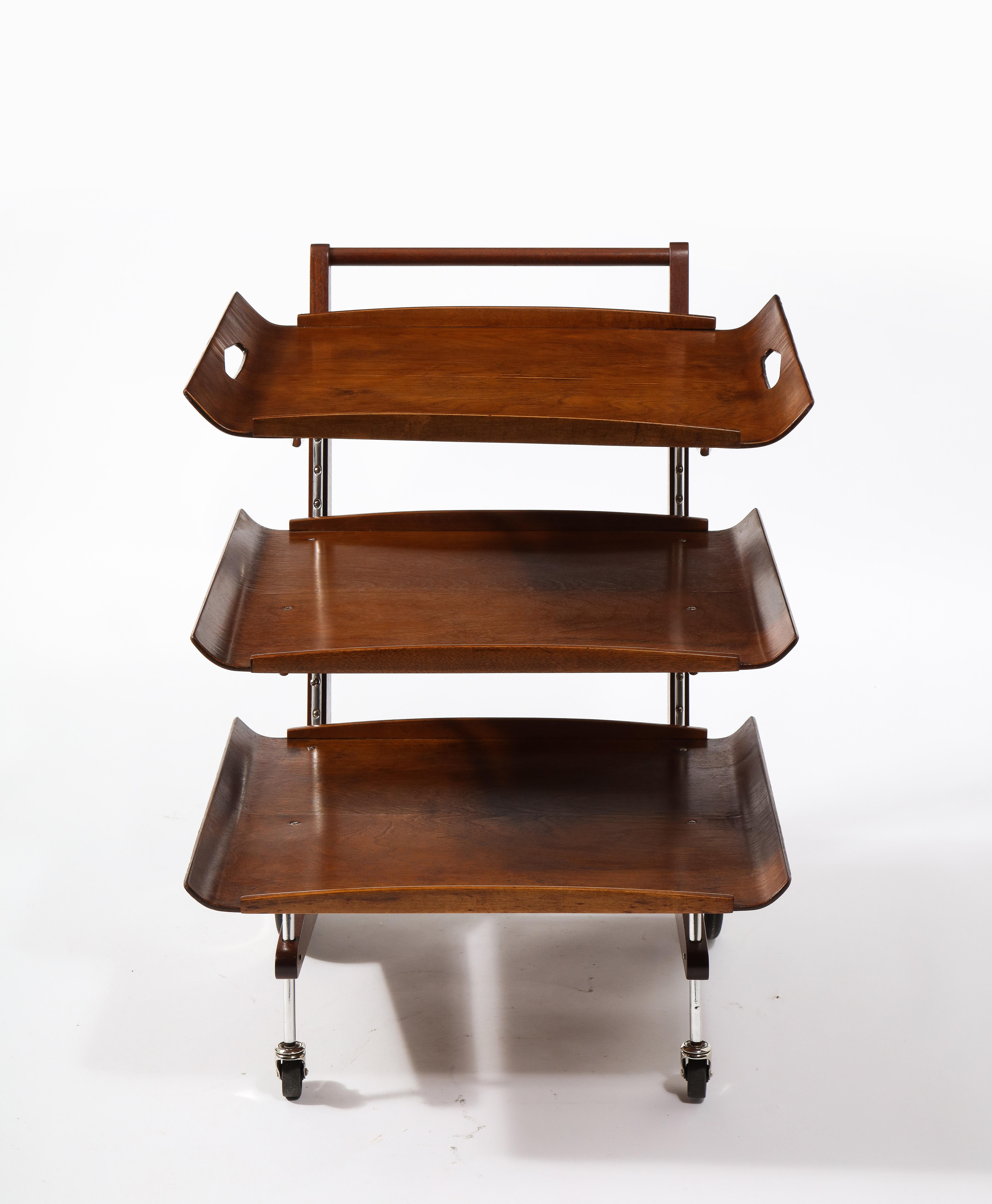 Modernist Tiered Magazine Rack on Wheels or Bar Cart, USA 1950's For Sale 12