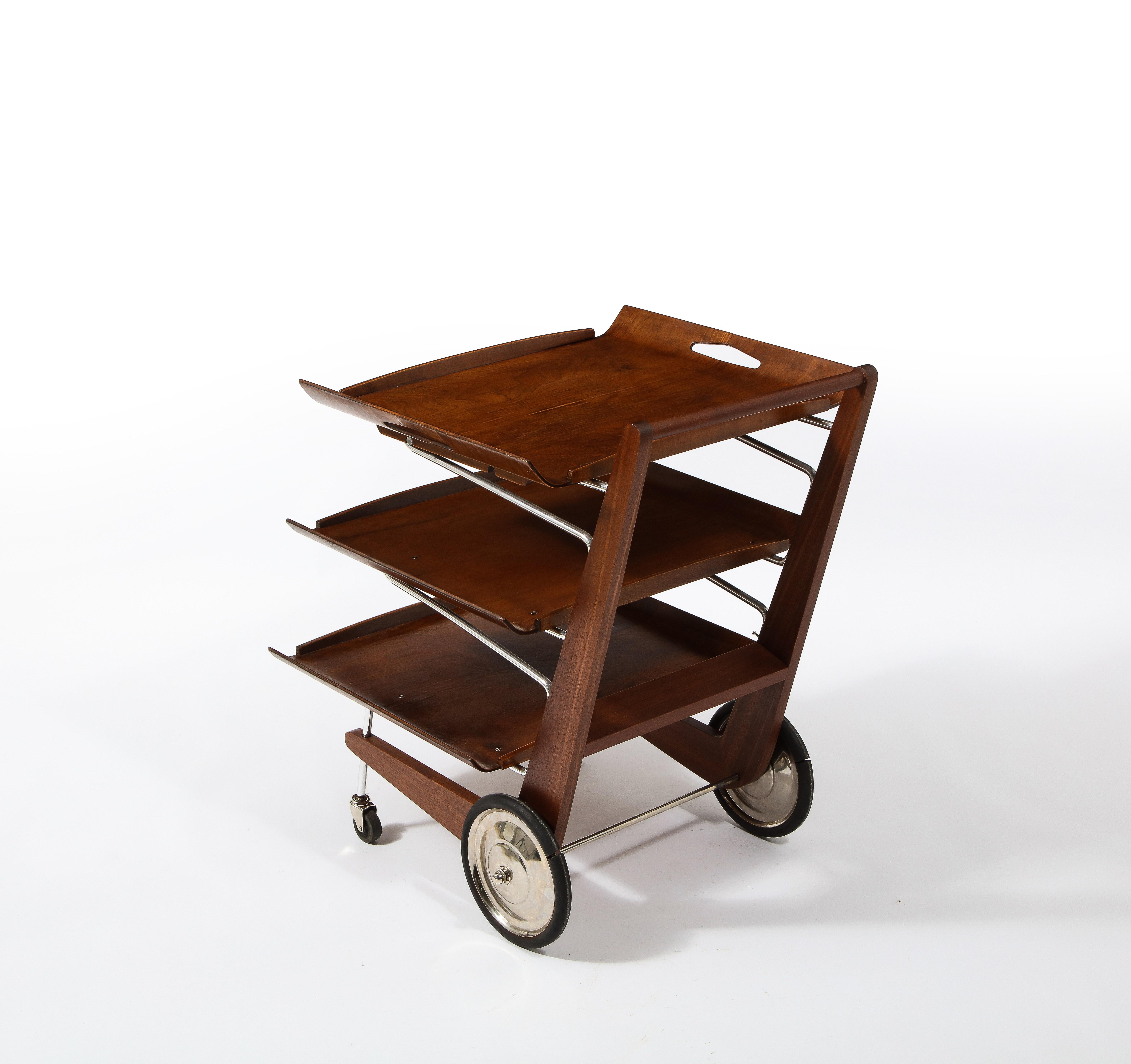 20th Century Modernist Tiered Magazine Rack on Wheels or Bar Cart, USA 1950's For Sale