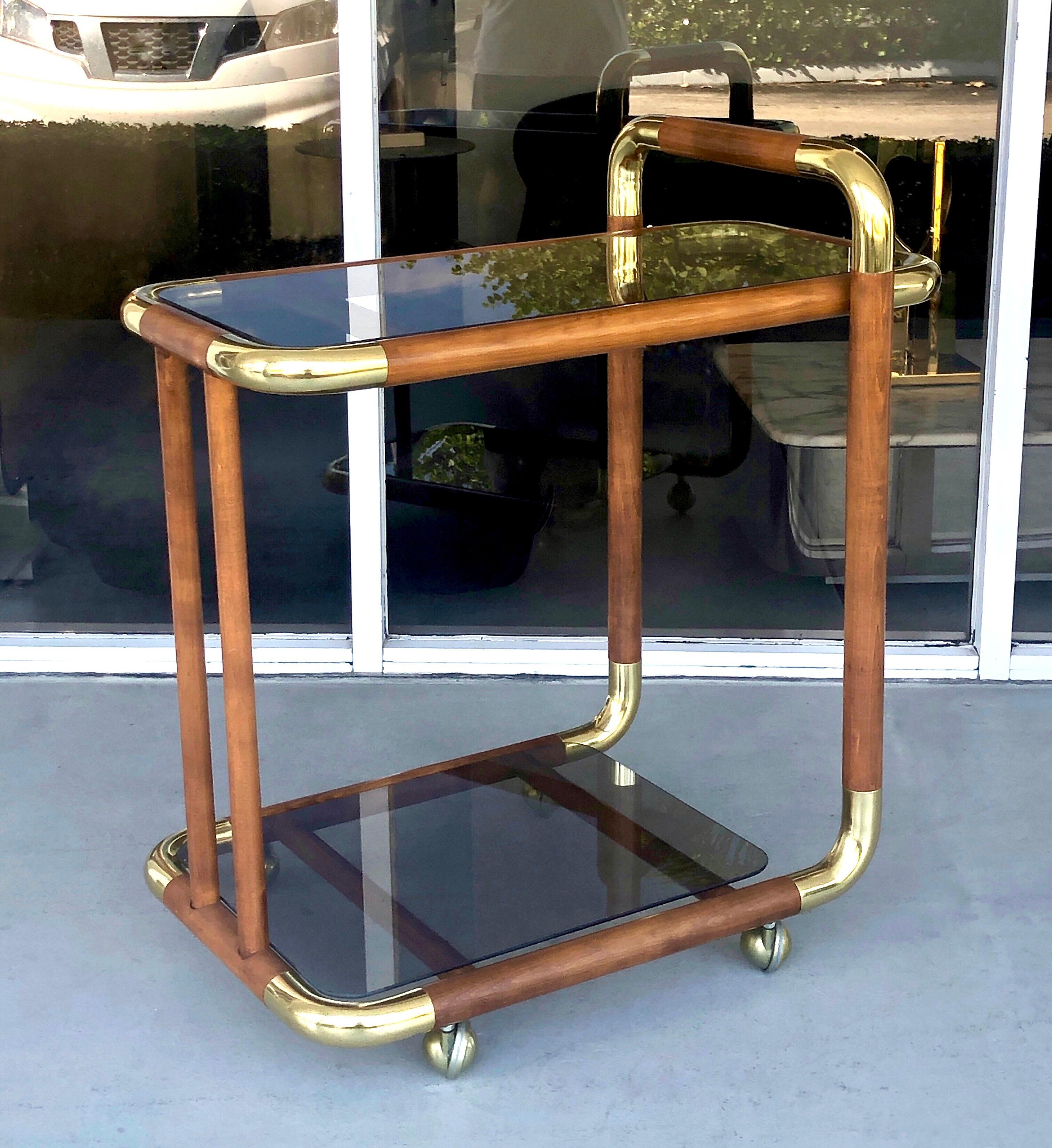 Modernist Bar Cart Wood and Brass Italian Drinks Trolley, 1970s In Good Condition In Miami, FL