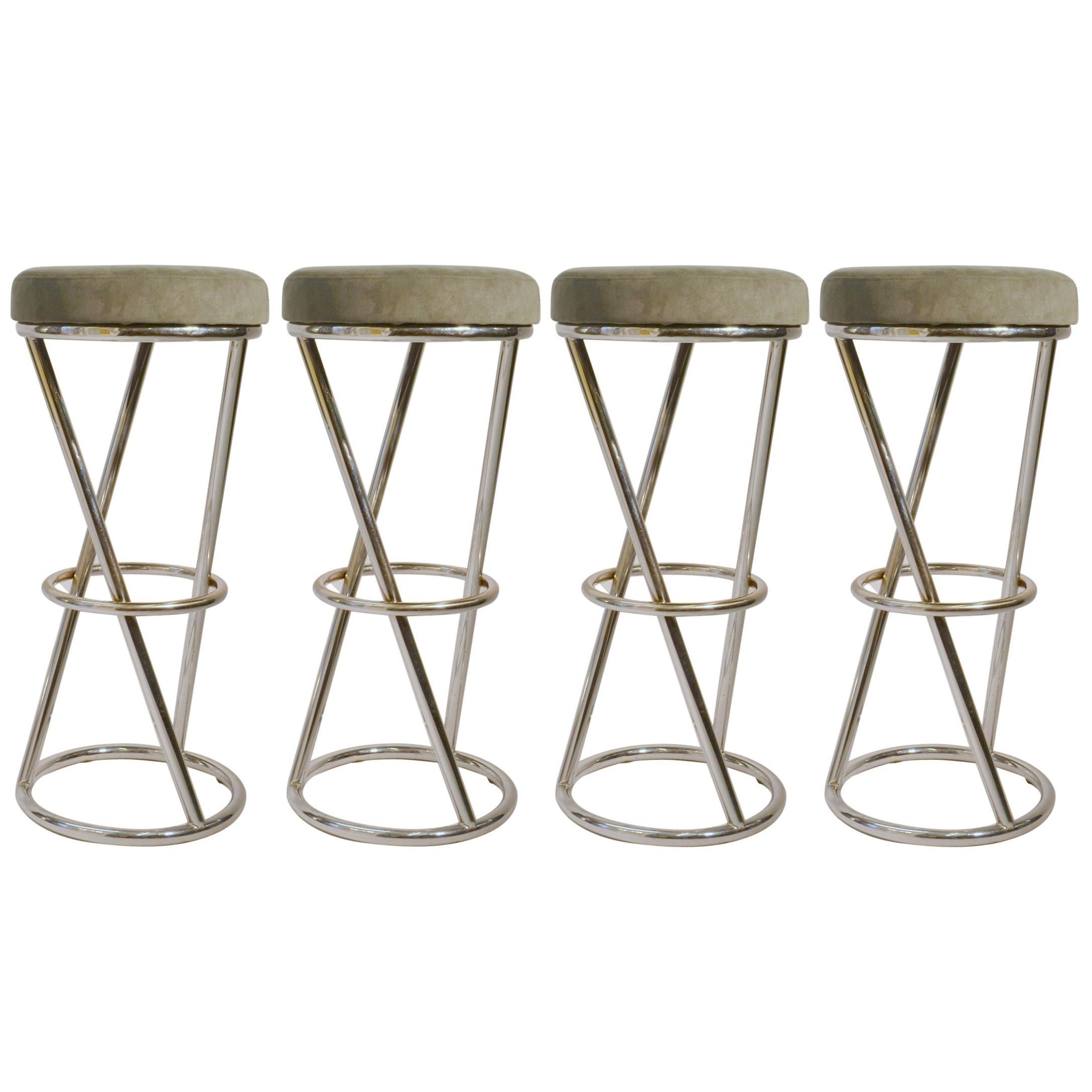 Modernist Bar Stools by Pierre Chareau in Tubular Brass or Chrome