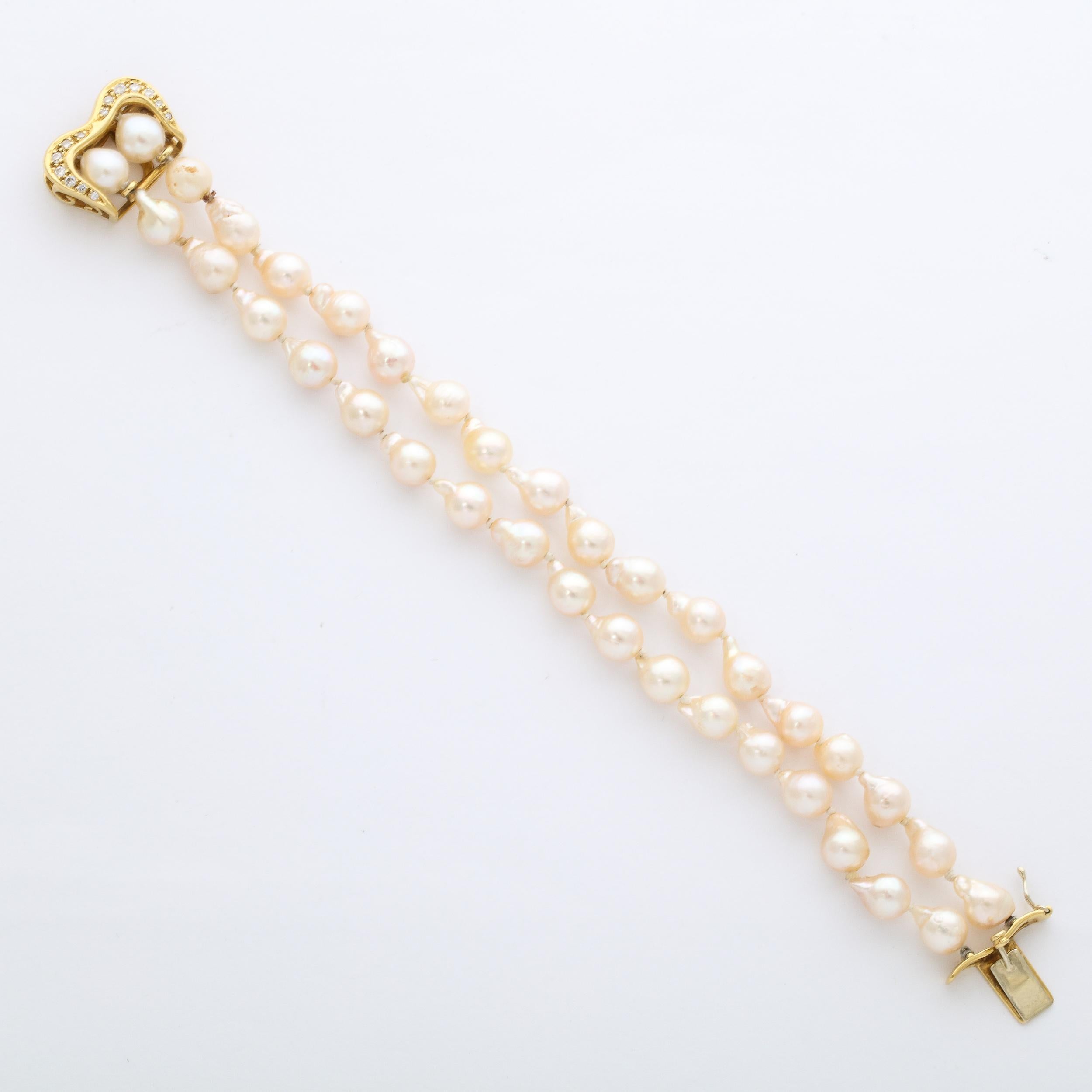 Modernist Baroque Pearl , Gold and Diamond Double Strand Pearl Bracelet  5