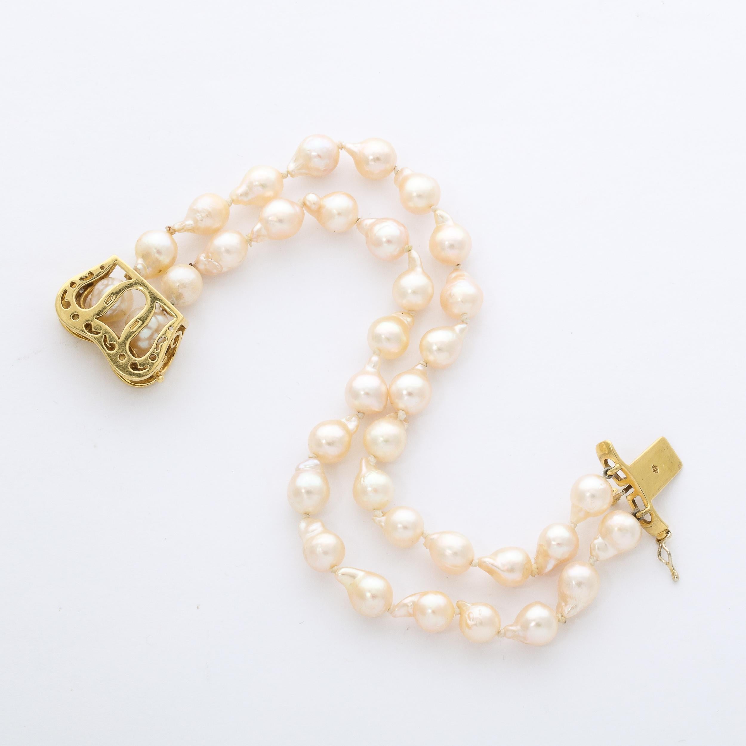 Modernist Baroque Pearl , Gold and Diamond Double Strand Pearl Bracelet  7