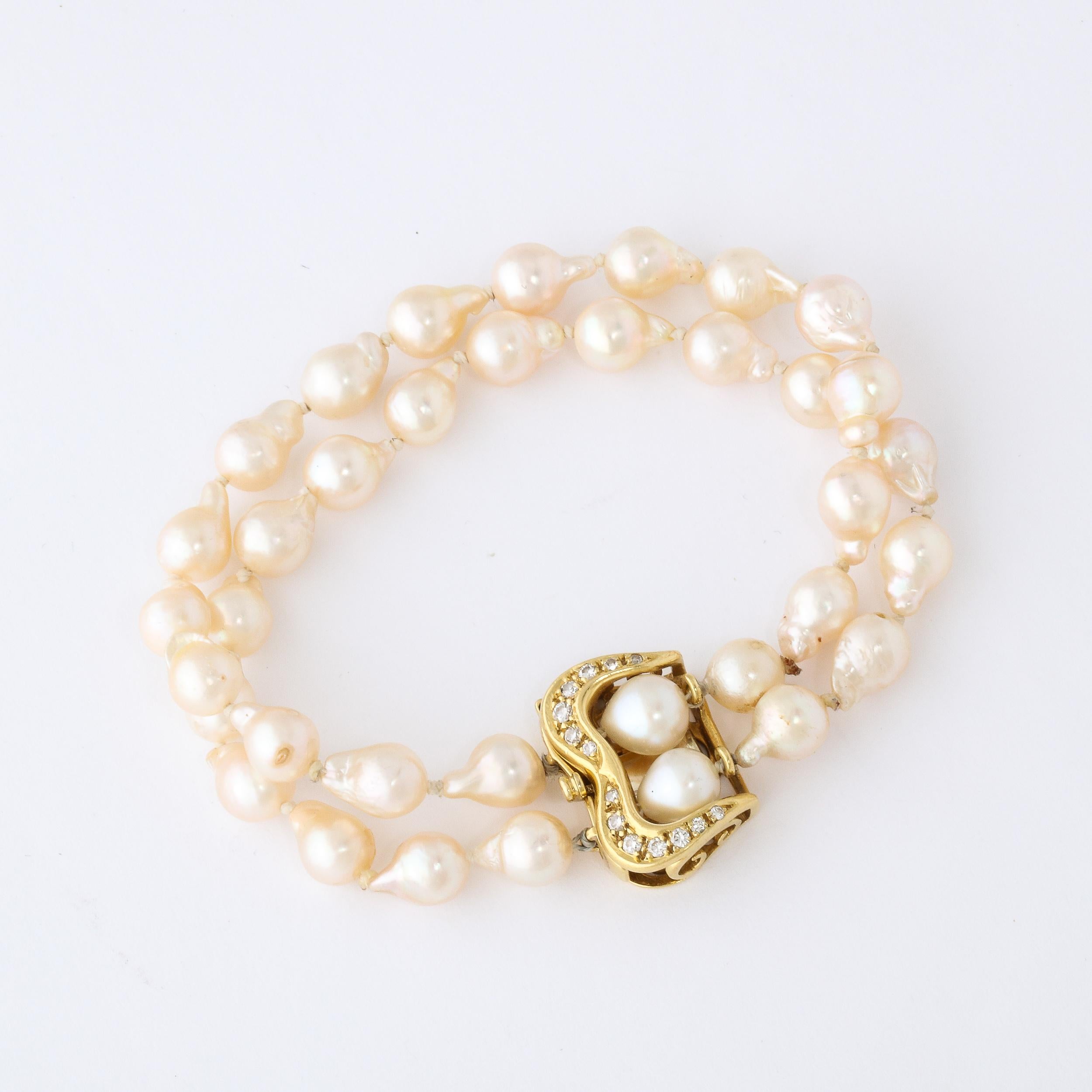 Brilliant Cut Modernist Baroque Pearl , Gold and Diamond Double Strand Pearl Bracelet 