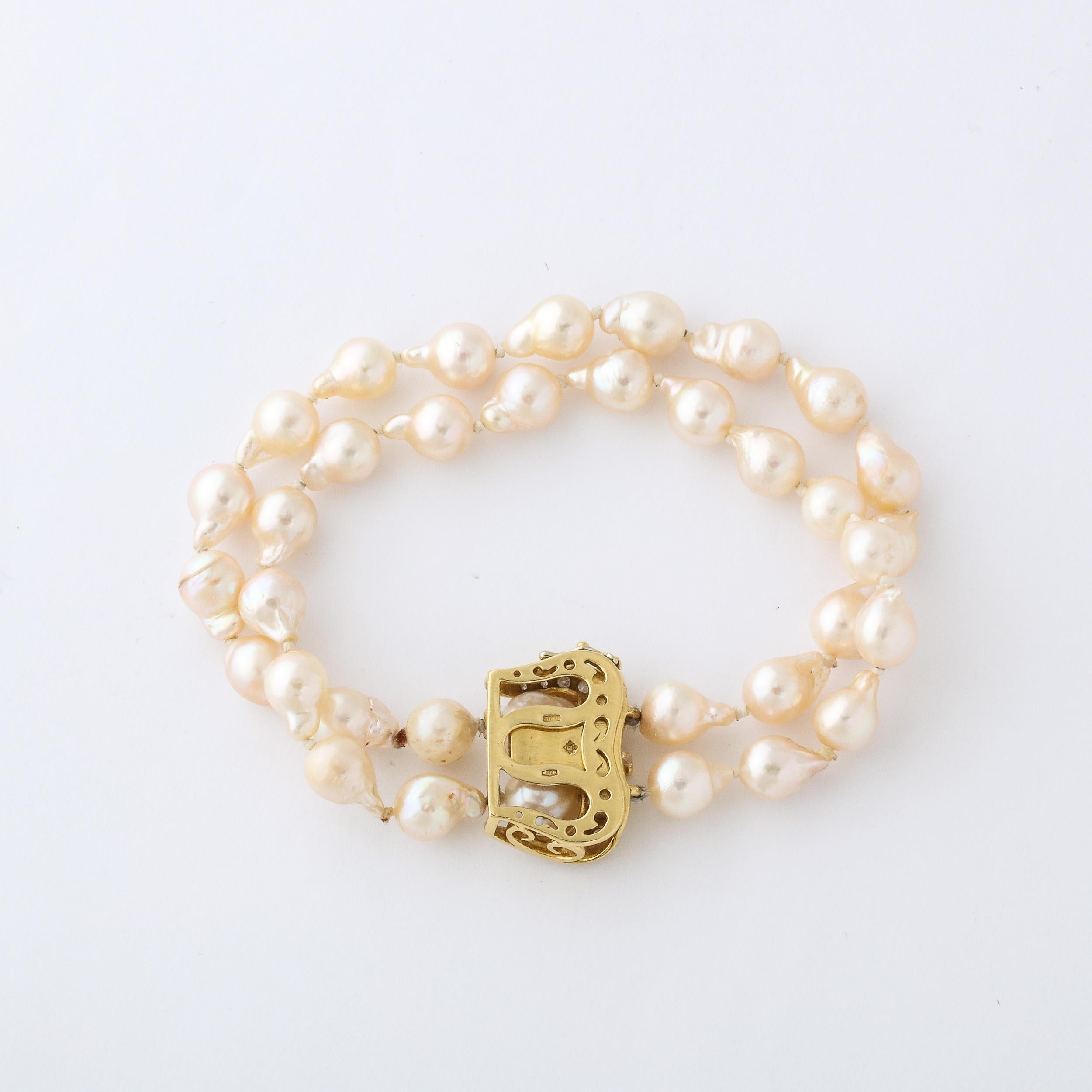 Modernist Baroque Pearl , Gold and Diamond Double Strand Pearl Bracelet  In Excellent Condition In New York, NY