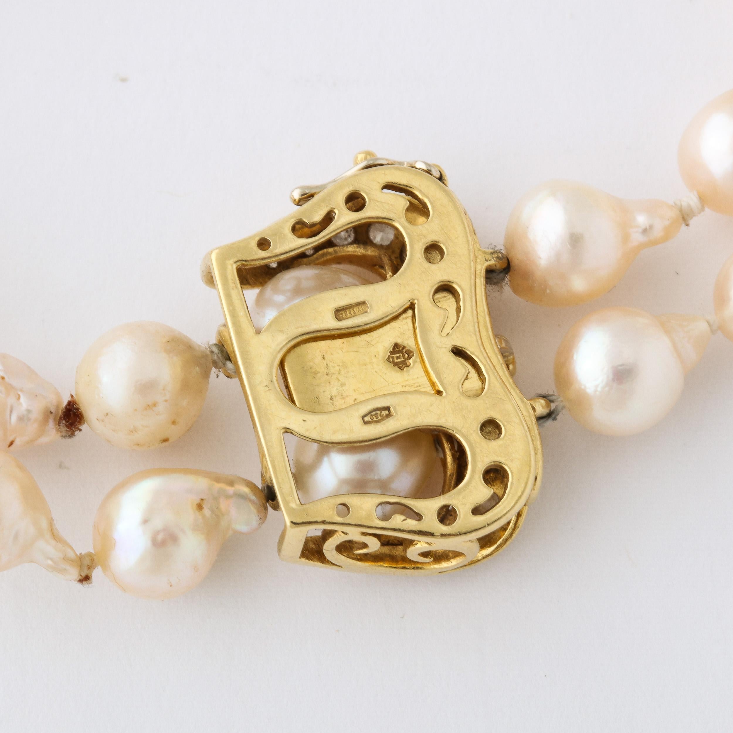 Women's or Men's Modernist Baroque Pearl , Gold and Diamond Double Strand Pearl Bracelet 