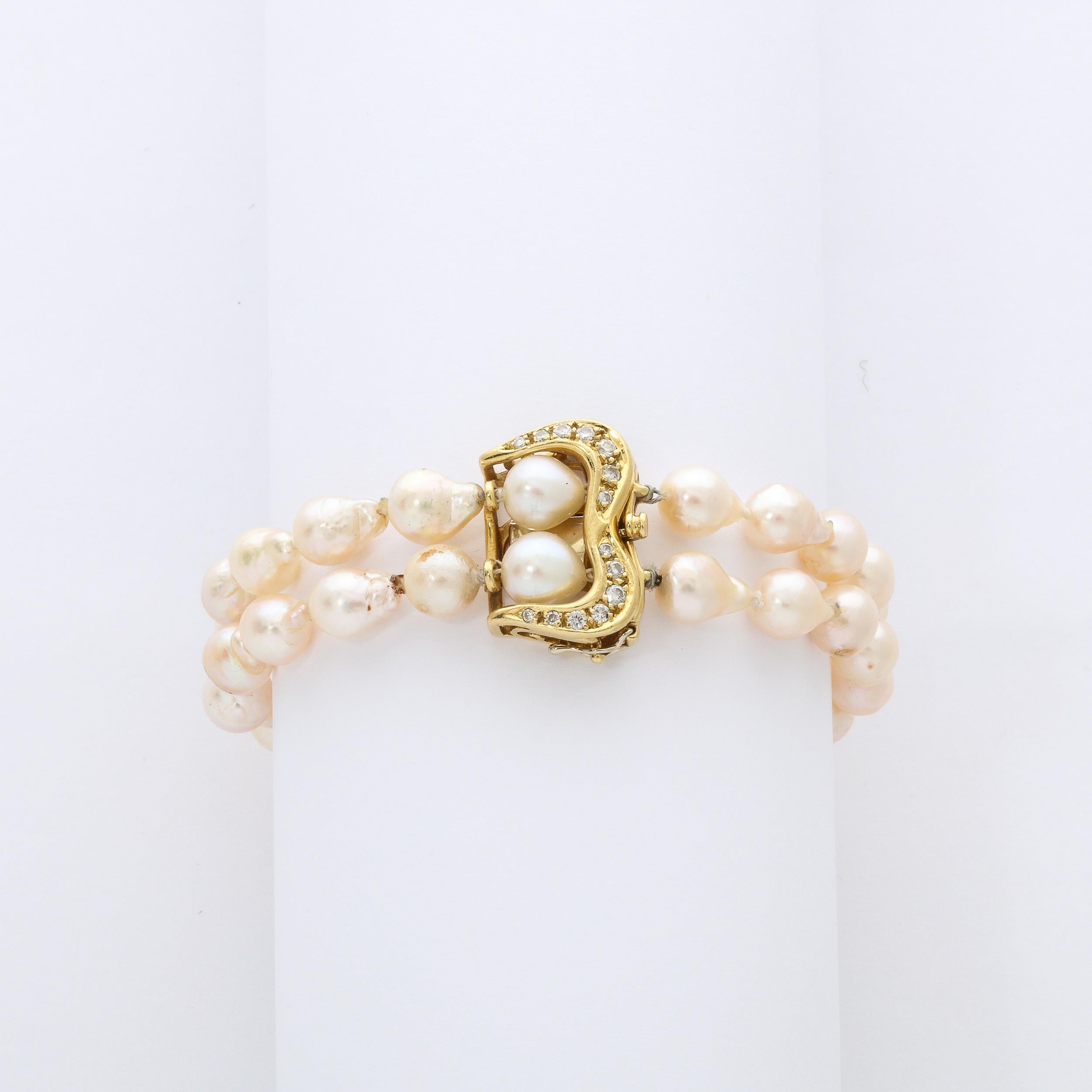 Modernist Baroque Pearl , Gold and Diamond Double Strand Pearl Bracelet  1