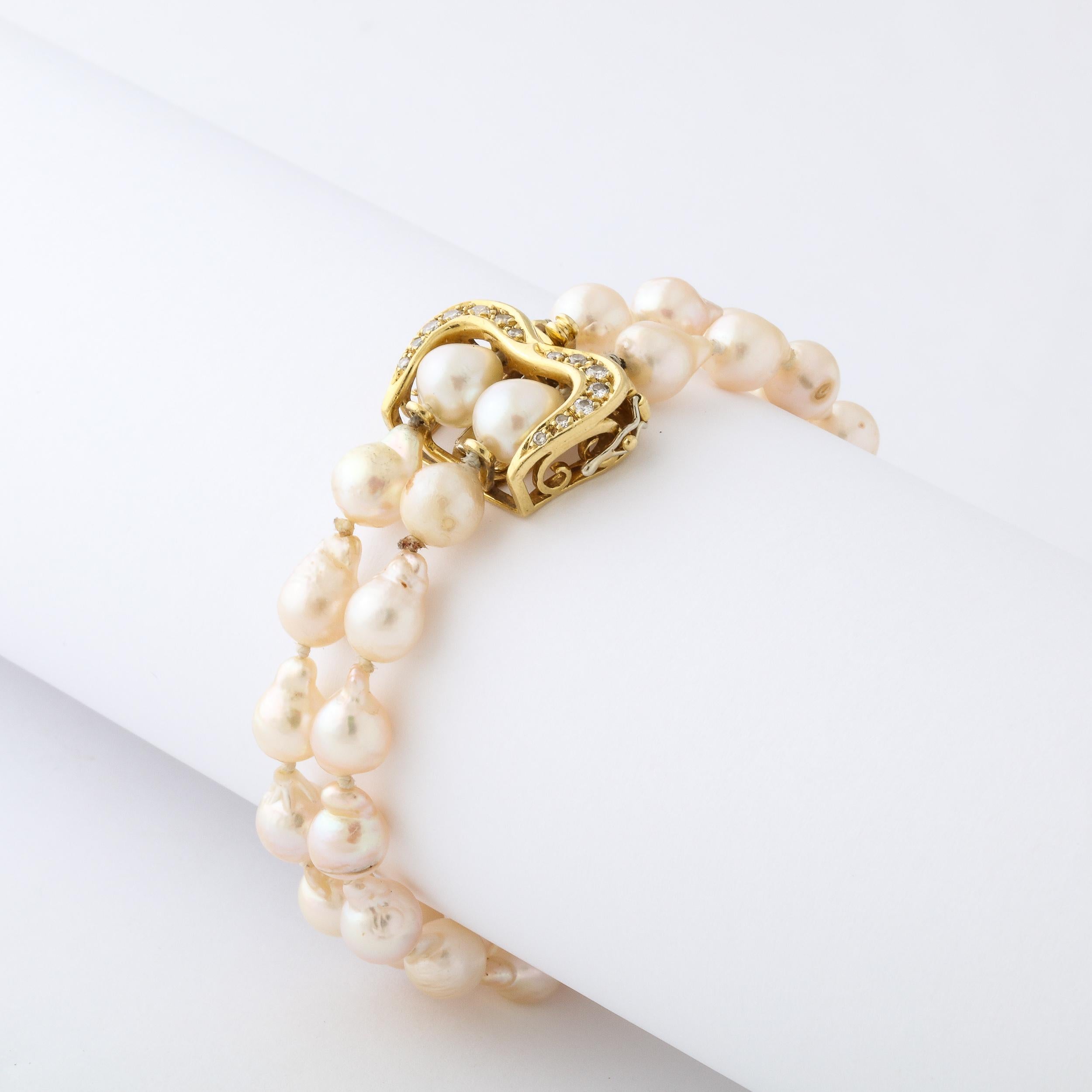 Modernist Baroque Pearl , Gold and Diamond Double Strand Pearl Bracelet  2