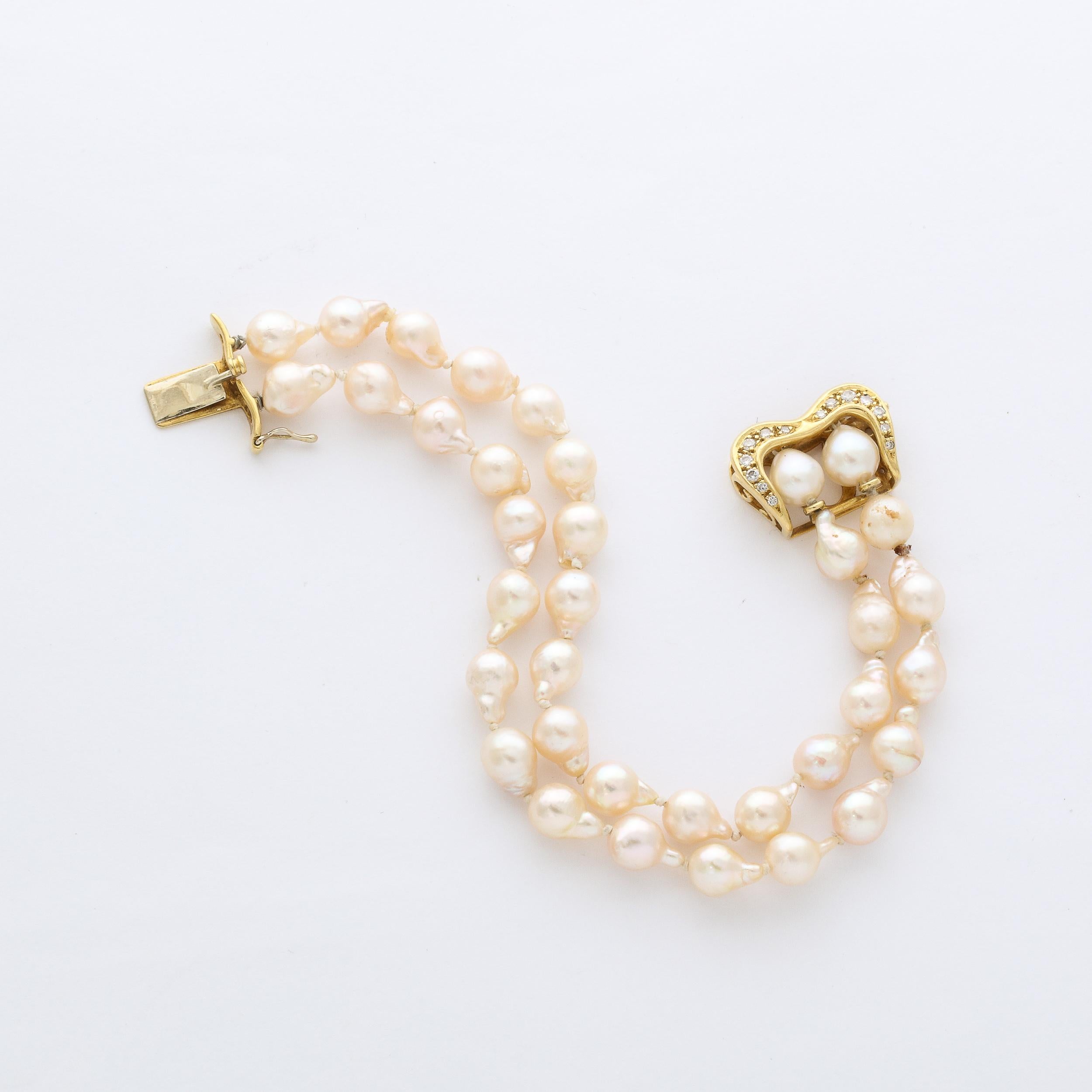 Modernist Baroque Pearl , Gold and Diamond Double Strand Pearl Bracelet  3