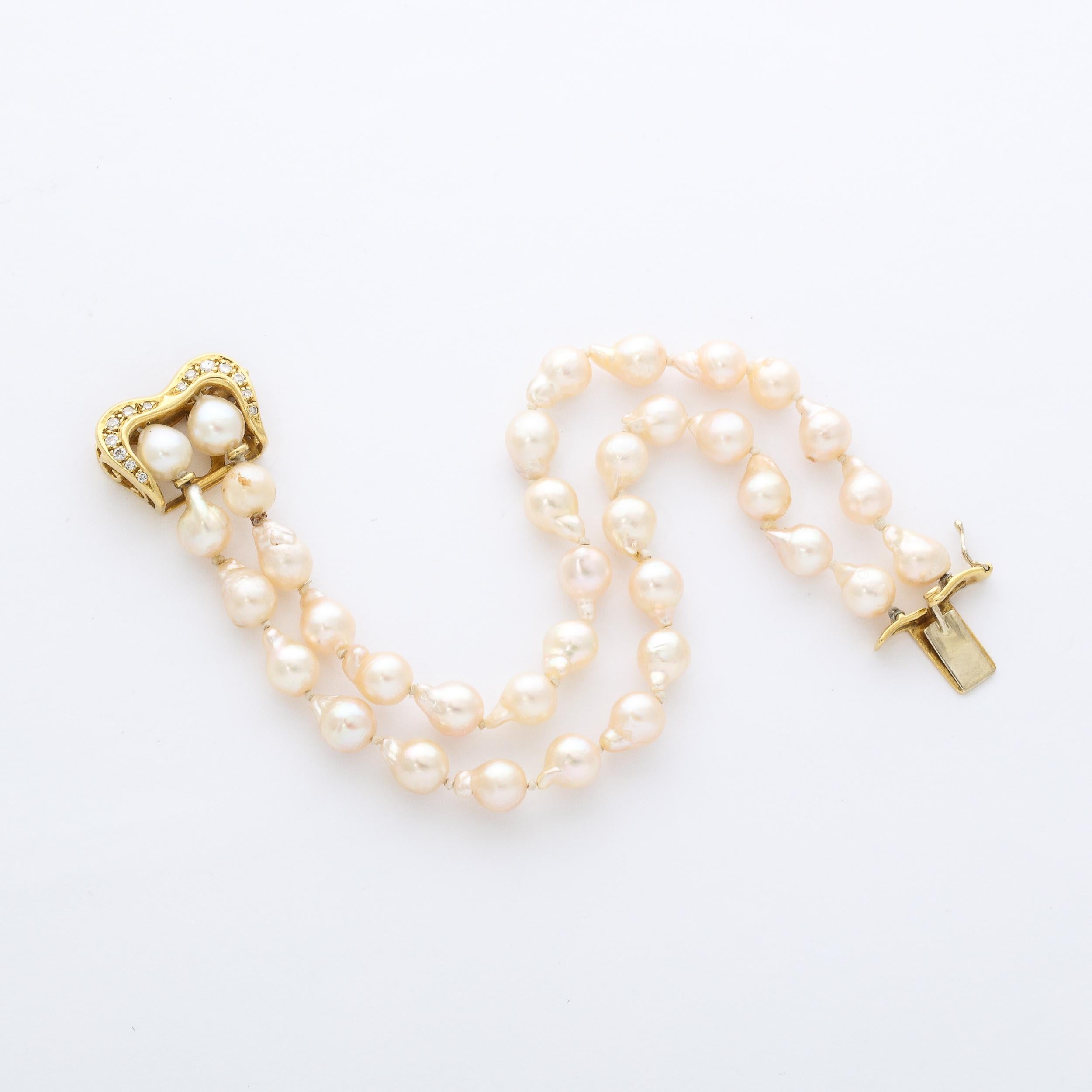 Modernist Baroque Pearl , Gold and Diamond Double Strand Pearl Bracelet  4