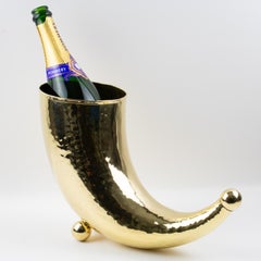 Modernist Barware Brass Bottle Holder or Vase, Cornucopia Design, circa 1980
