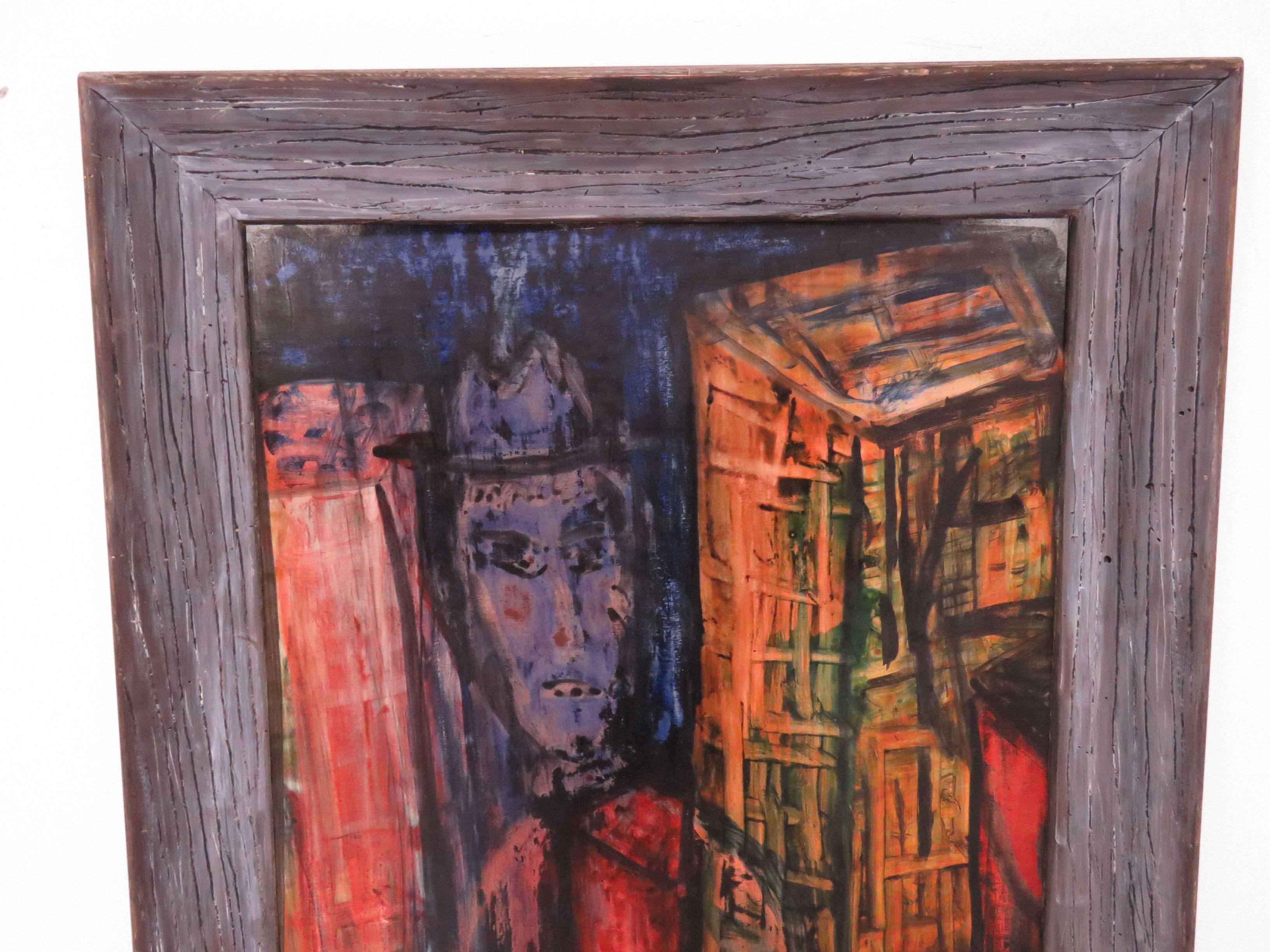 A 1950s beat generation urban portrait of a man in a fedora, resembling the author William S. Burroughs. An audacious palette depicting the neon soaked colors of nightlife, set in original period limed oak frame. Measures 29” wide, 33.5” high.