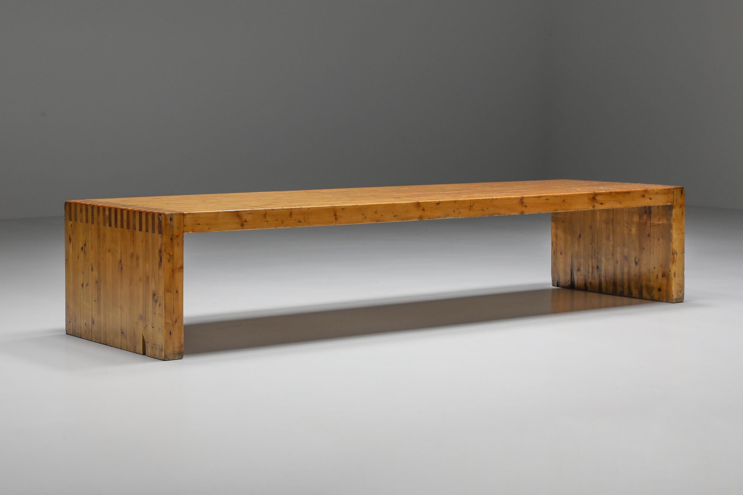 Bench; Style Of Charlotte Perriand; Pierre Chapo; Mid-century; Joinery Craft; 1930's; Modernism; 

Modernist bench in the style of Charlotte Perriand and Pierre Chapo. Seats up to four people comfortably. Remarkable visible joinery system. The