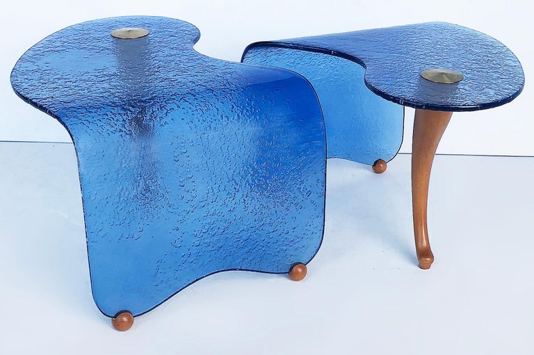 Modernist Bent Glass Side Tables with Wood Leg and Brass Caps, Pair For