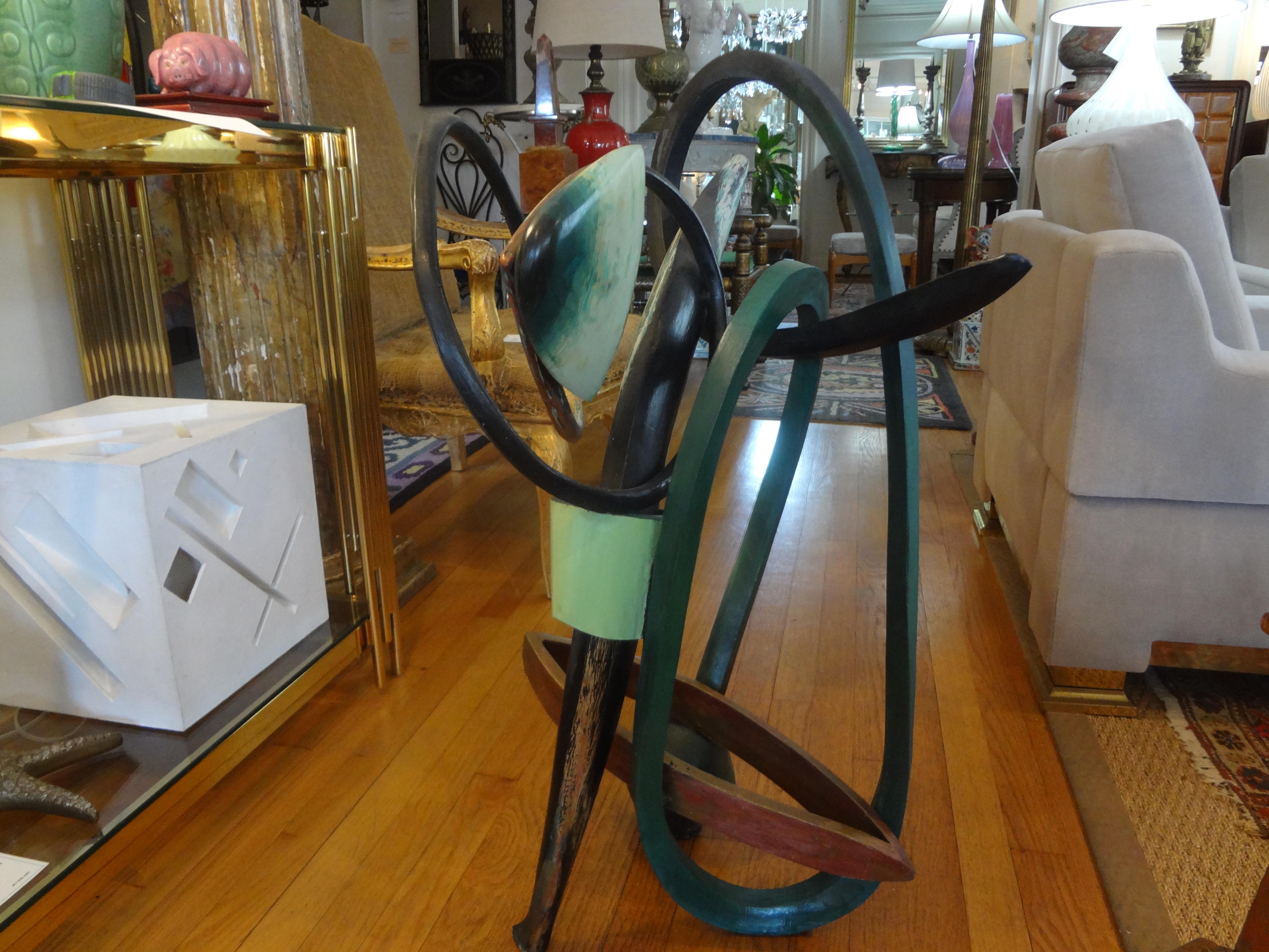 Stunning large modernist bentwood abstract sculpture. This gorgeous Mid-Century Modern abstract sculpture is polychrome decorated and interesting from every angle. Would look great displayed on a pedestal, console table or cocktail table.