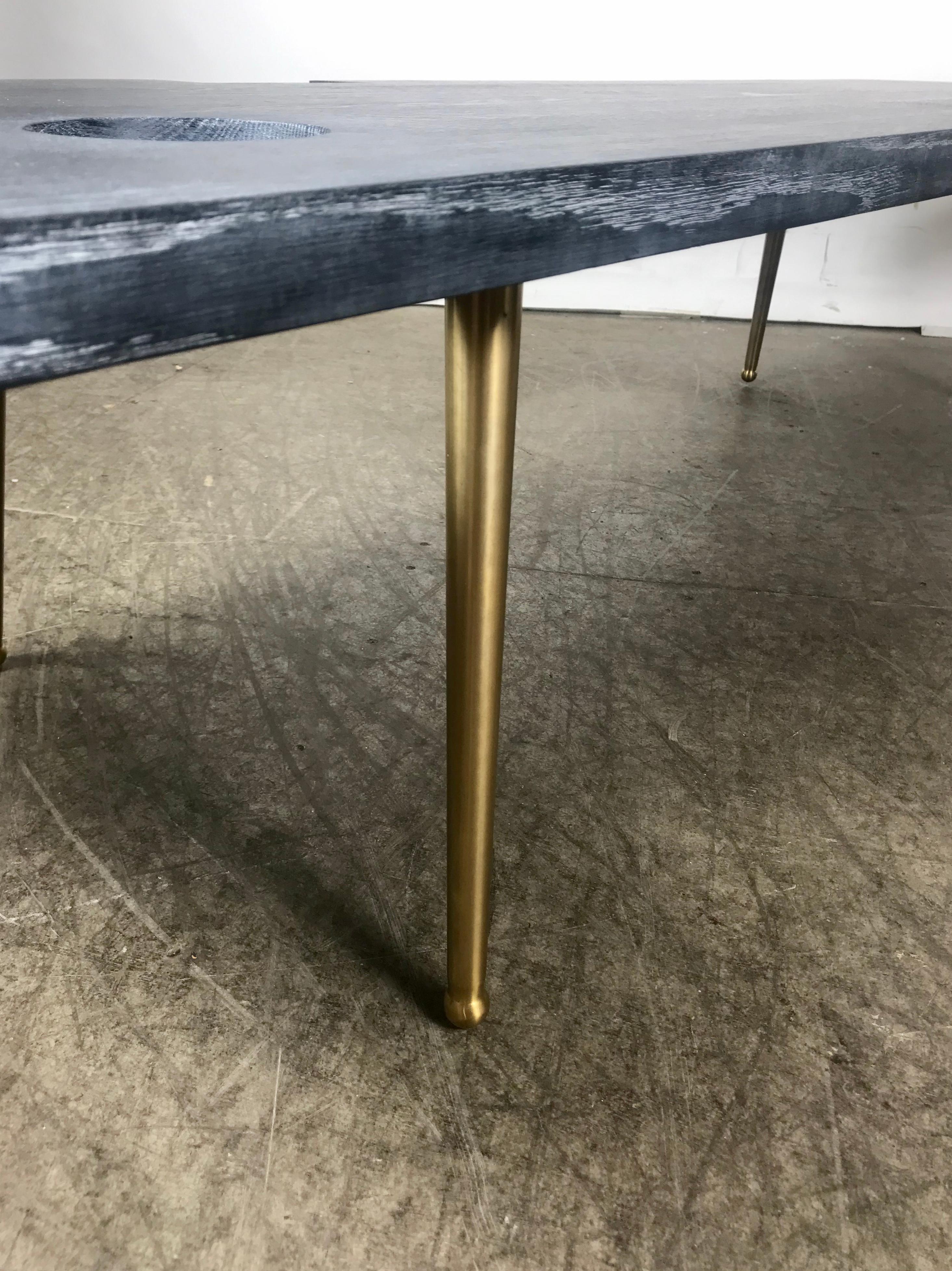 Modernist bespoke Cerused oak and brass coffee /cocktail table designed and bench made by John Tracey, Rochester NY artist, amazing architectural Bauhaus design, would fit seamlessly into any modern, contemporary environment, hand delivery avail to