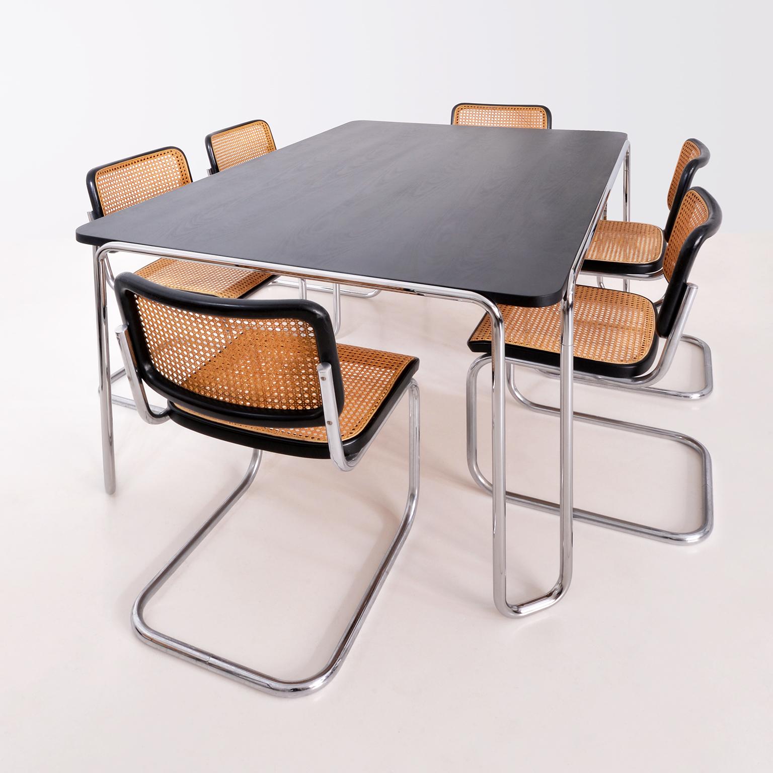 German Modernist Bespoke Ultra-Thin Tubular-Steel Table, Veneered Top, Black Stained For Sale