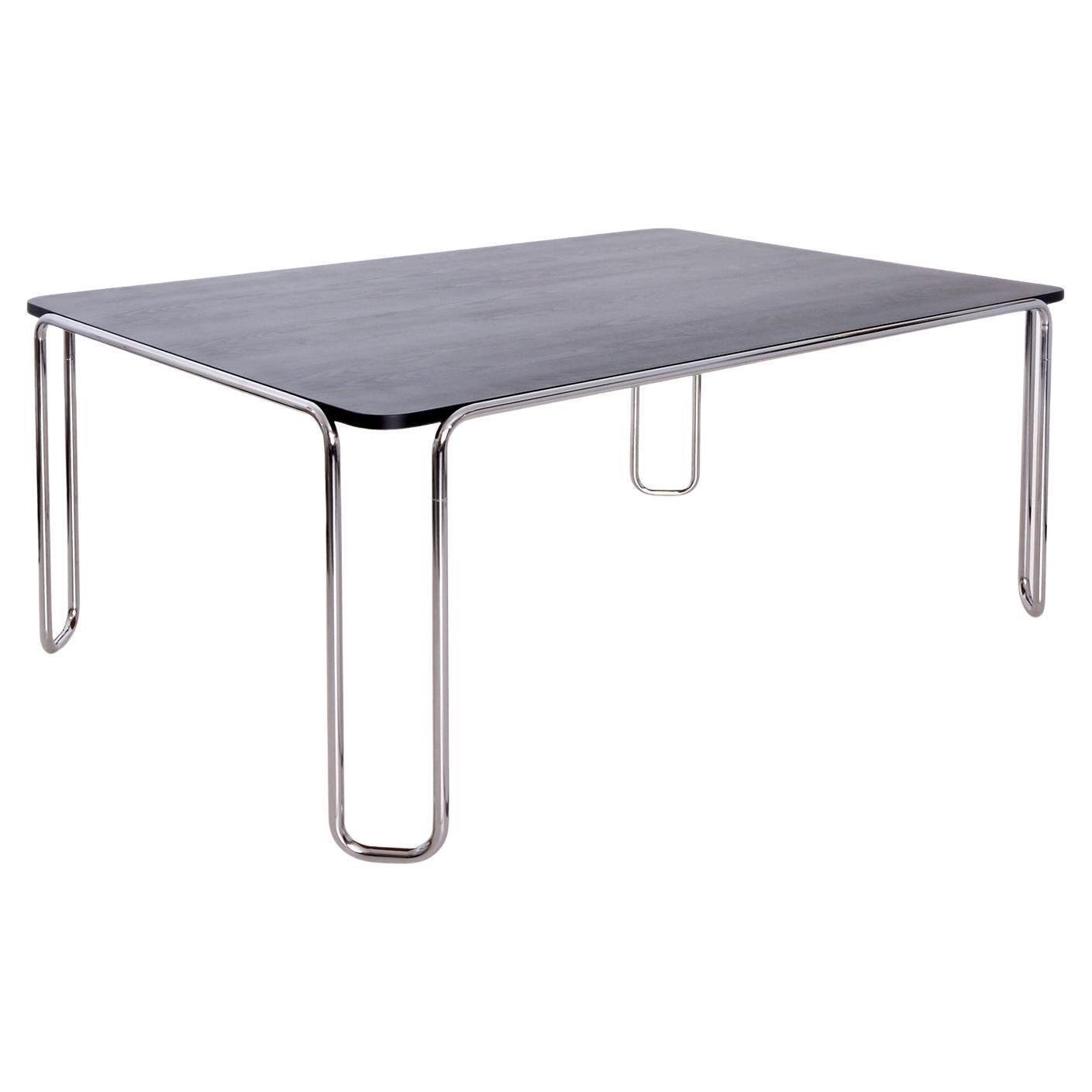Modernist Bespoke Ultra-Thin Tubular-Steel Table, Veneered Top, Black Stained