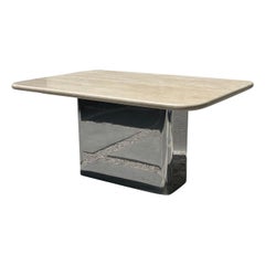 Modernist Bespoke Vintage Italian Travertine and Chrome Dining Table, 1970s