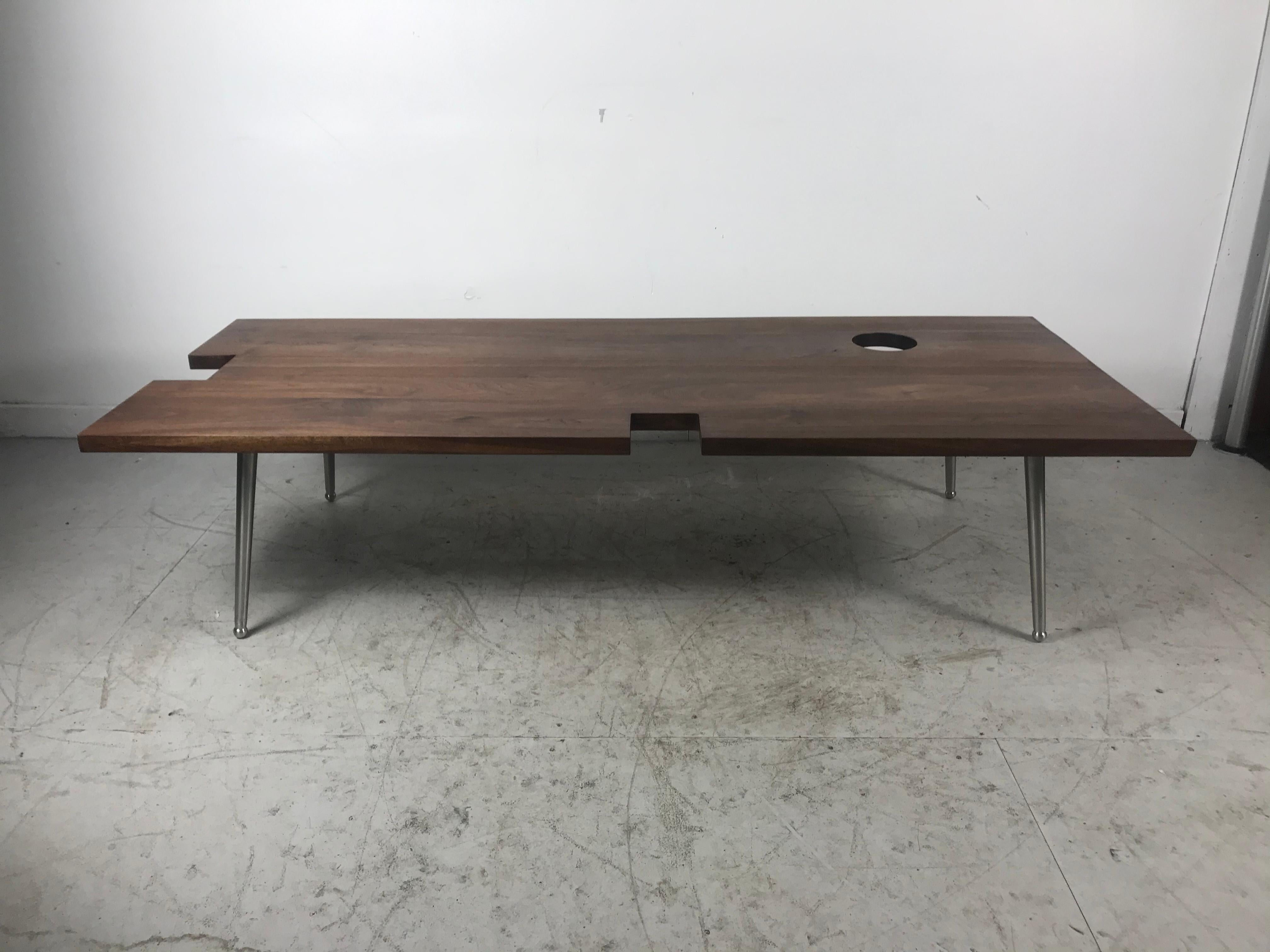 Modernist bespoke solid walnut and steel coffee /cocktail table designed and bench made by John Tracey, Rochester NY artist, amazing architectural Bauhaus design, would fit seamlessly into any modern, contemporary environment, hand delivery avail to