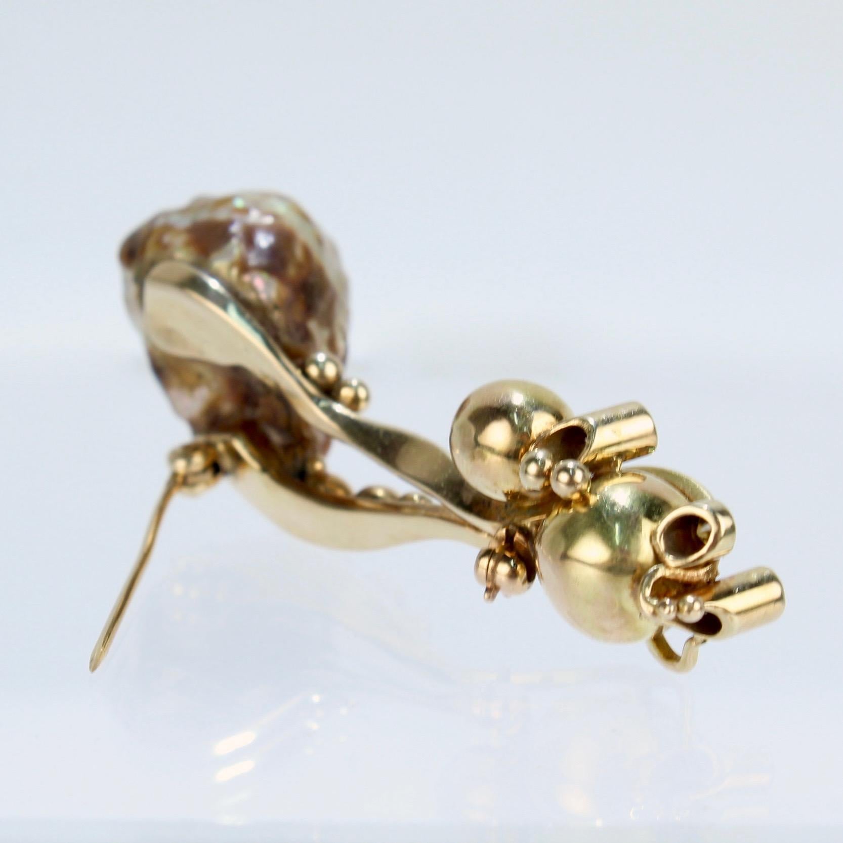 Modernist Biomorphic 14 Karat Gold Yellow Diamond & Baroque Pearl Brooch or Pin For Sale 6
