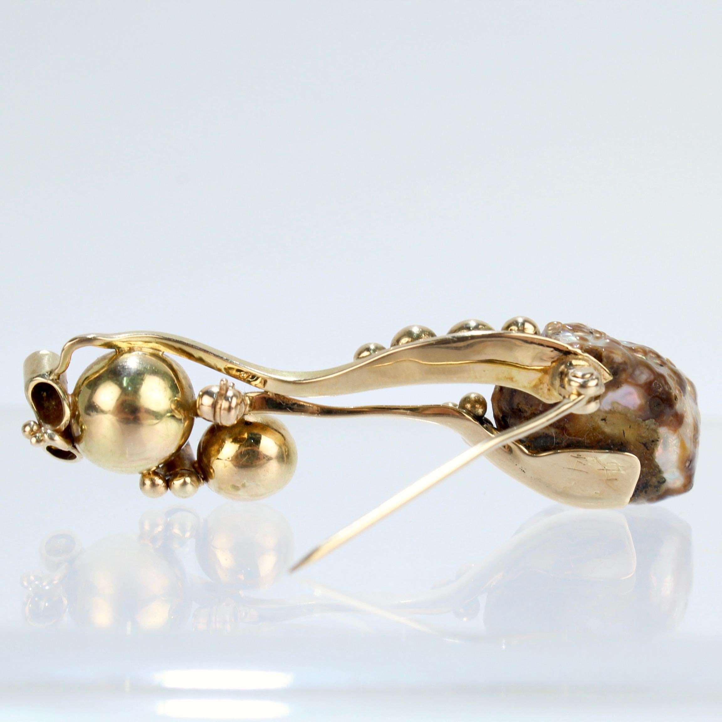 Modernist Biomorphic 14 Karat Gold Yellow Diamond & Baroque Pearl Brooch or Pin For Sale 7
