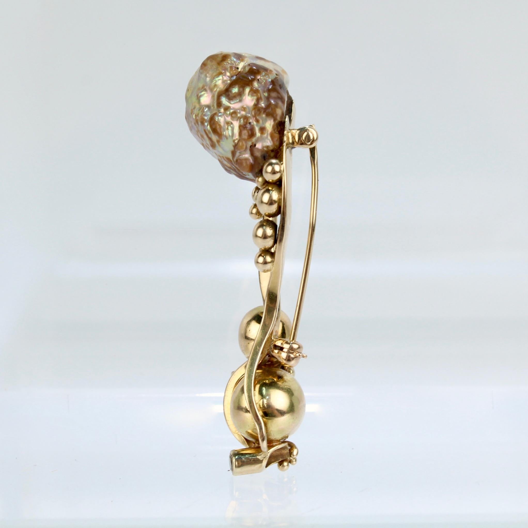 Modernist Biomorphic 14 Karat Gold Yellow Diamond & Baroque Pearl Brooch or Pin In Good Condition For Sale In Philadelphia, PA