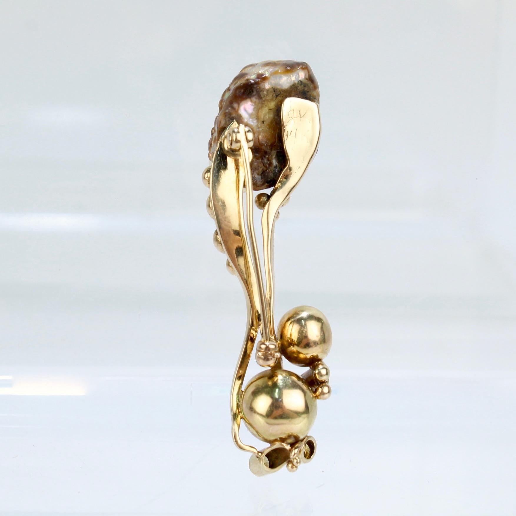 Women's or Men's Modernist Biomorphic 14 Karat Gold Yellow Diamond & Baroque Pearl Brooch or Pin For Sale