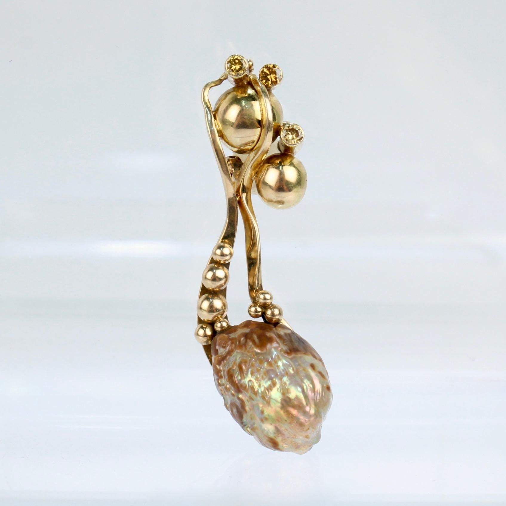 Modernist Biomorphic 14 Karat Gold Yellow Diamond & Baroque Pearl Brooch or Pin For Sale 1
