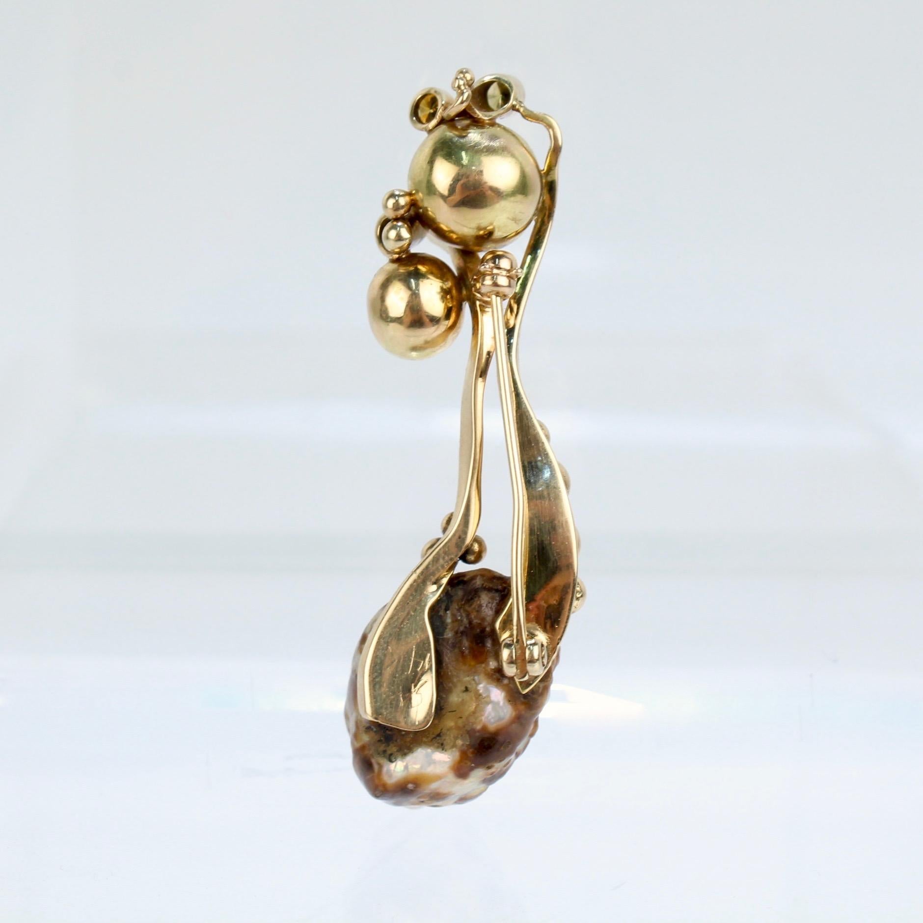 Modernist Biomorphic 14 Karat Gold Yellow Diamond & Baroque Pearl Brooch or Pin For Sale 2