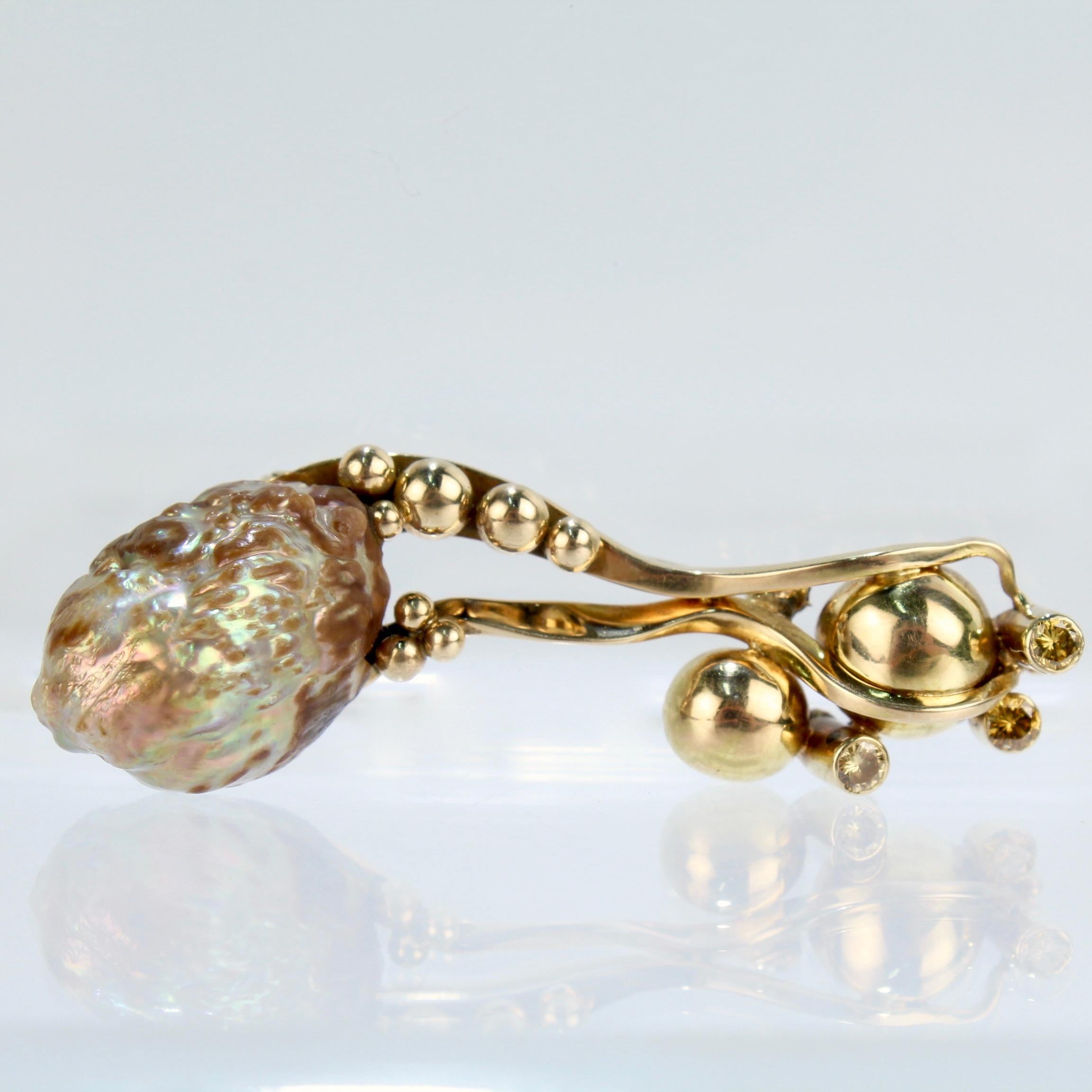 Modernist Biomorphic 14 Karat Gold Yellow Diamond & Baroque Pearl Brooch or Pin For Sale 3