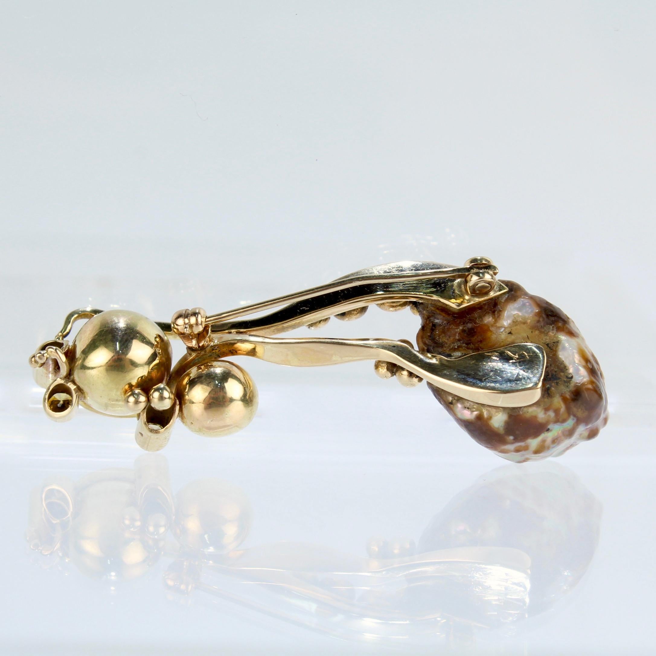 Modernist Biomorphic 14 Karat Gold Yellow Diamond & Baroque Pearl Brooch or Pin For Sale 5