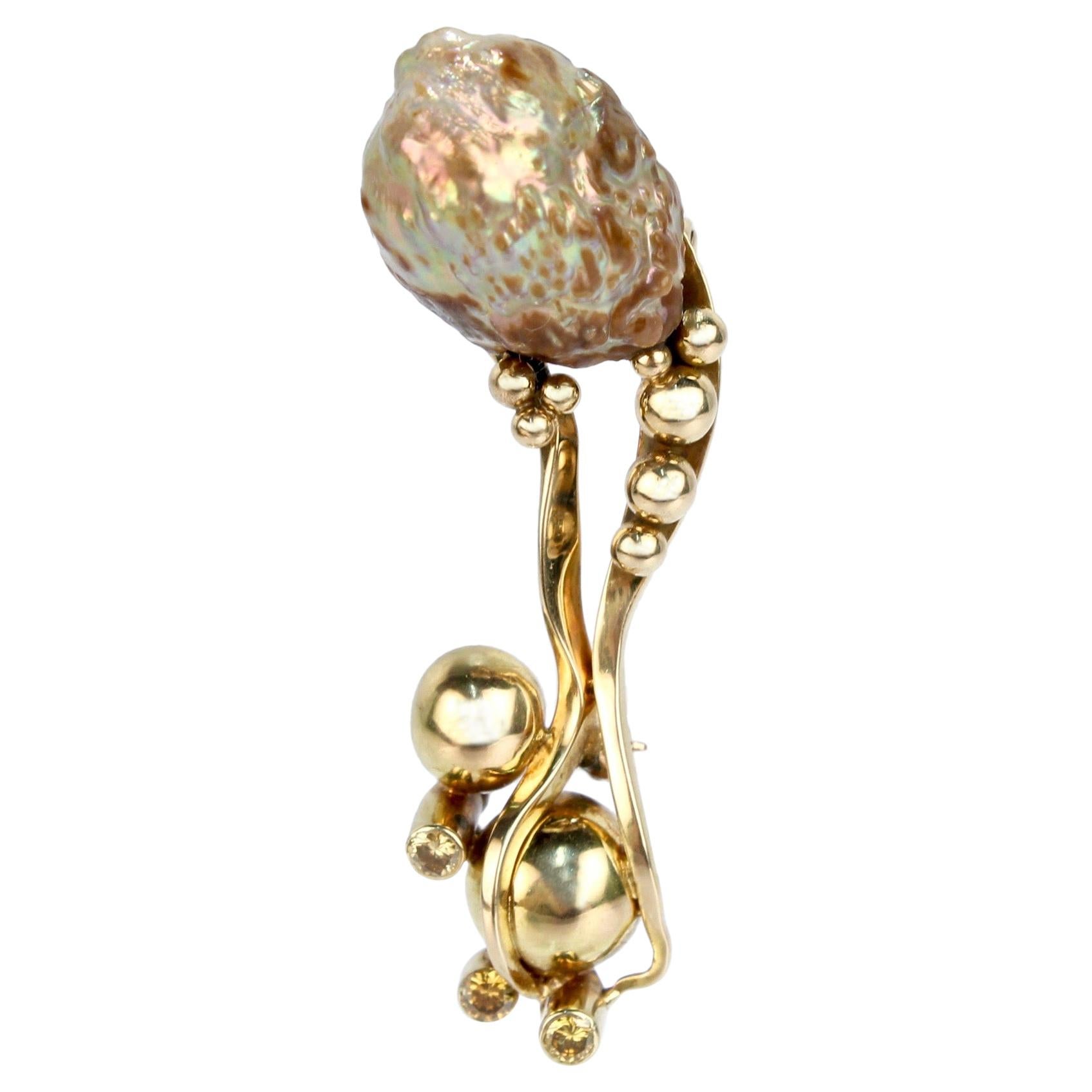 Modernist Biomorphic 14 Karat Gold Yellow Diamond & Baroque Pearl Brooch or Pin For Sale