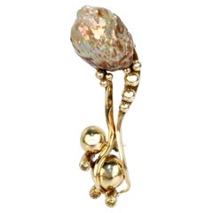 Modernist Biomorphic 14 Karat Gold Yellow Diamond & Baroque Pearl Brooch or Pin